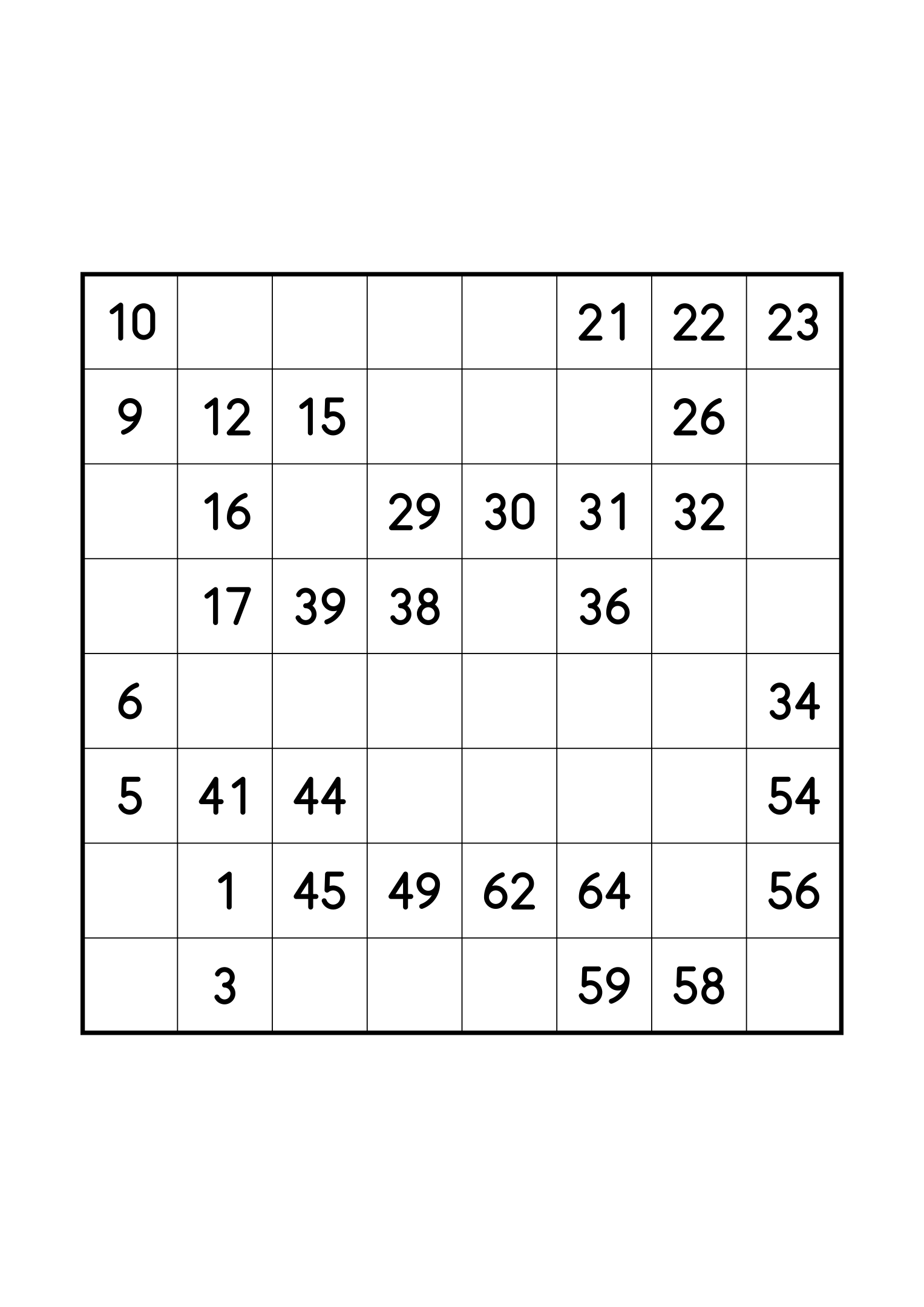 Easy 8x8 Hidoku alone on its page: 32 numbers given out of 64. Variant 7.
