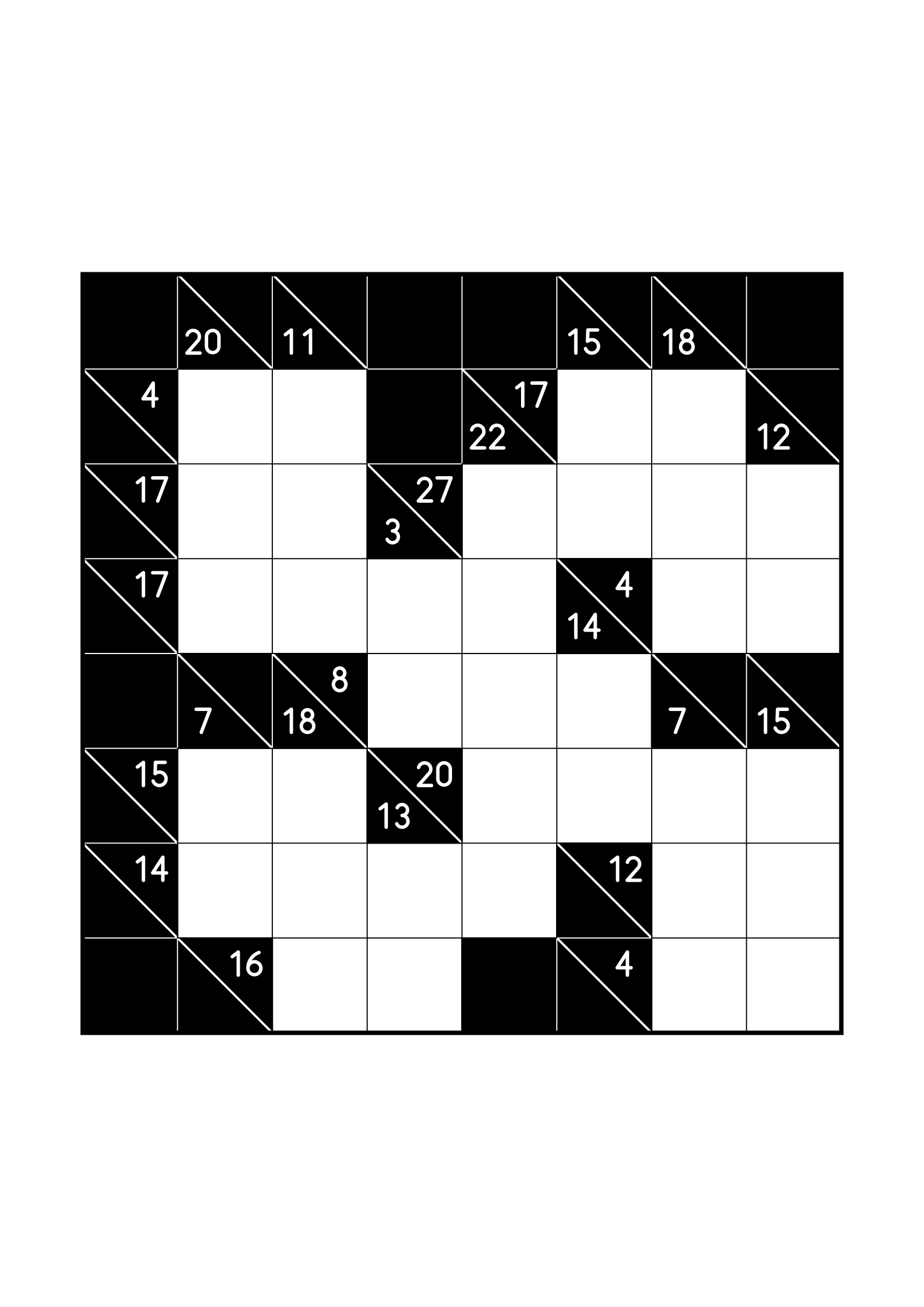 Easy 8x8 kakuro, solved from the digit combinations of its clues, one large grid on the page. Level: Easy. Variant 1.