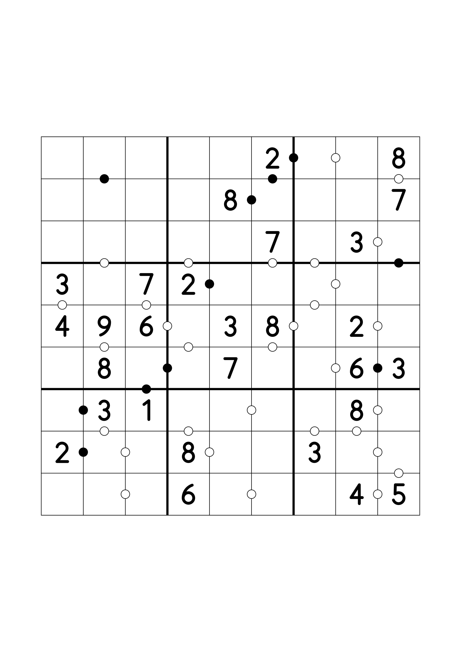 Easy 9x9 Kropki sudoku with twenty-eight given digits. Variant 1.
