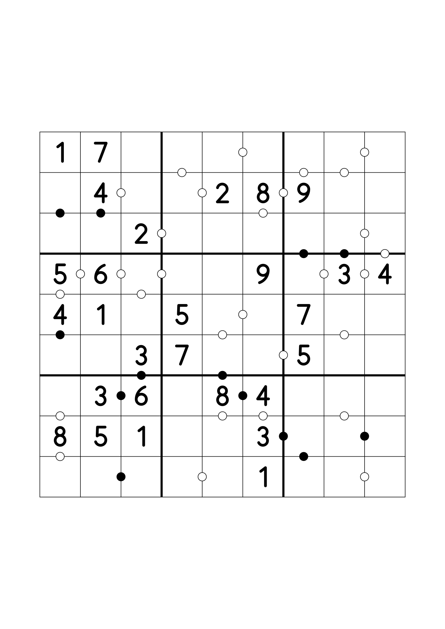 Easy 9x9 Kropki sudoku with twenty-eight given digits. Variant 2.