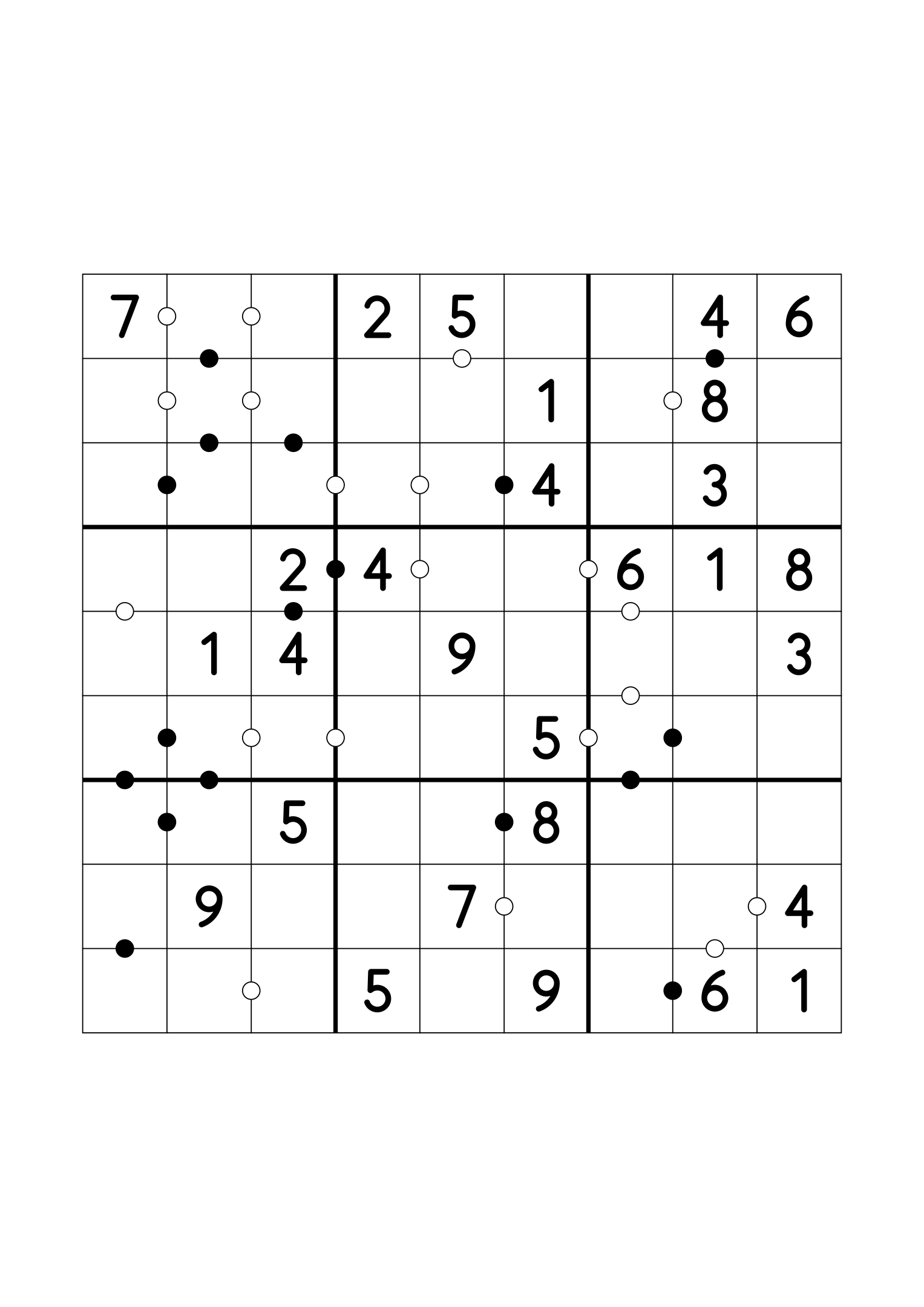 Easy 9x9 Kropki sudoku with twenty-eight given digits. Variant 3.
