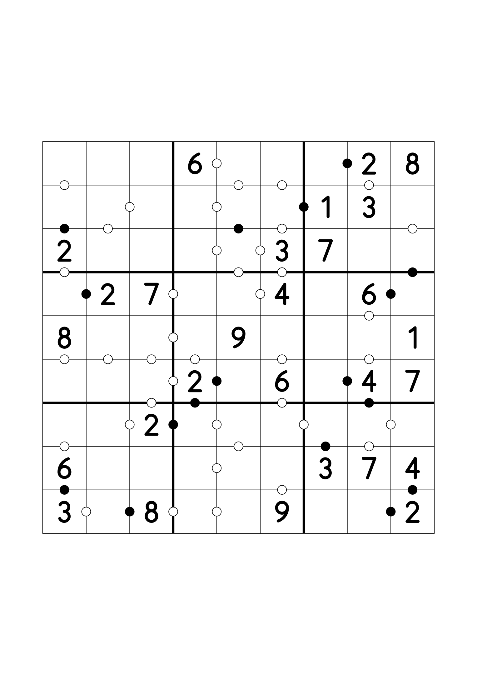 Easy 9x9 Kropki sudoku with twenty-eight given digits. Variant 4.