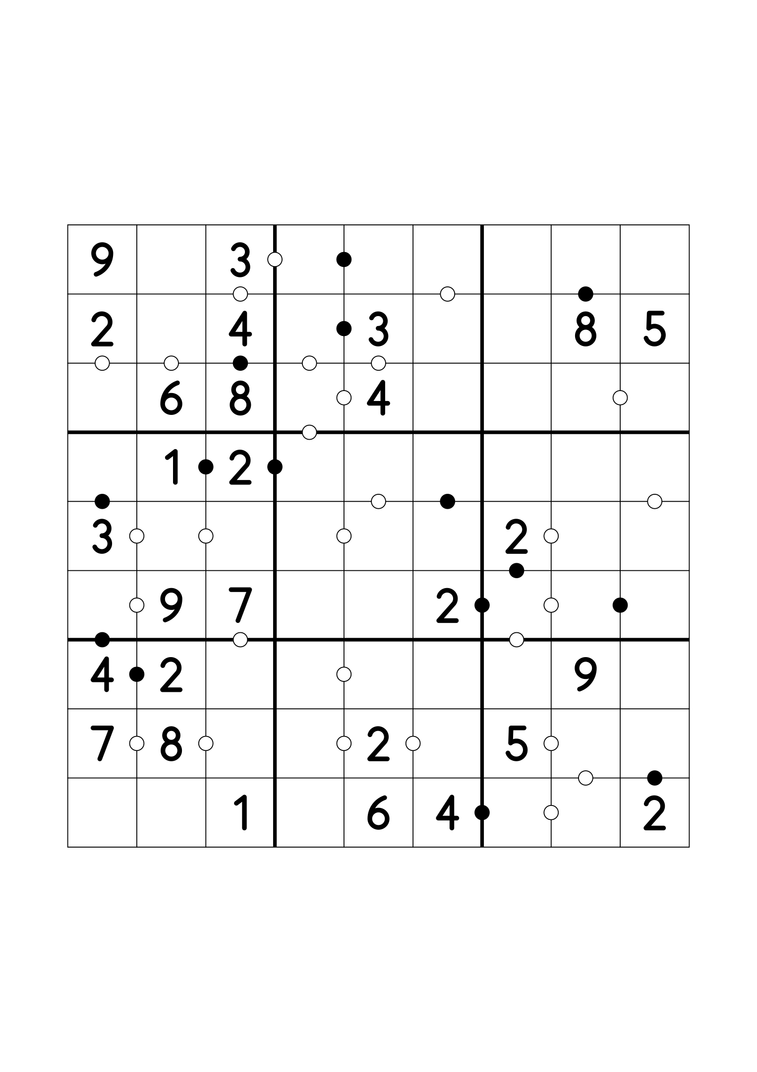 Easy 9x9 Kropki sudoku with twenty-eight given digits. Variant 5.