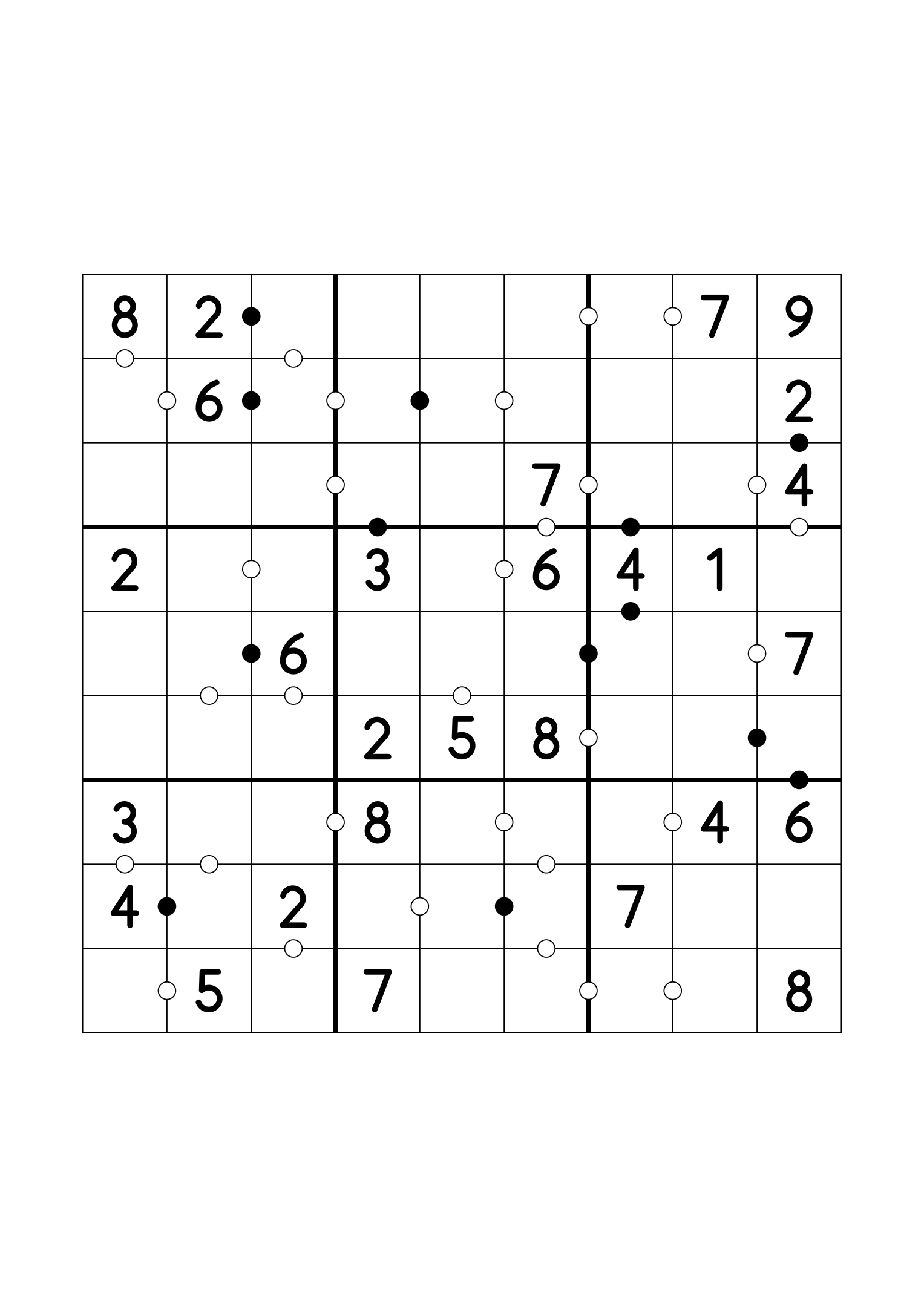 Easy 9x9 Kropki sudoku with twenty-eight given digits. Variant 6.