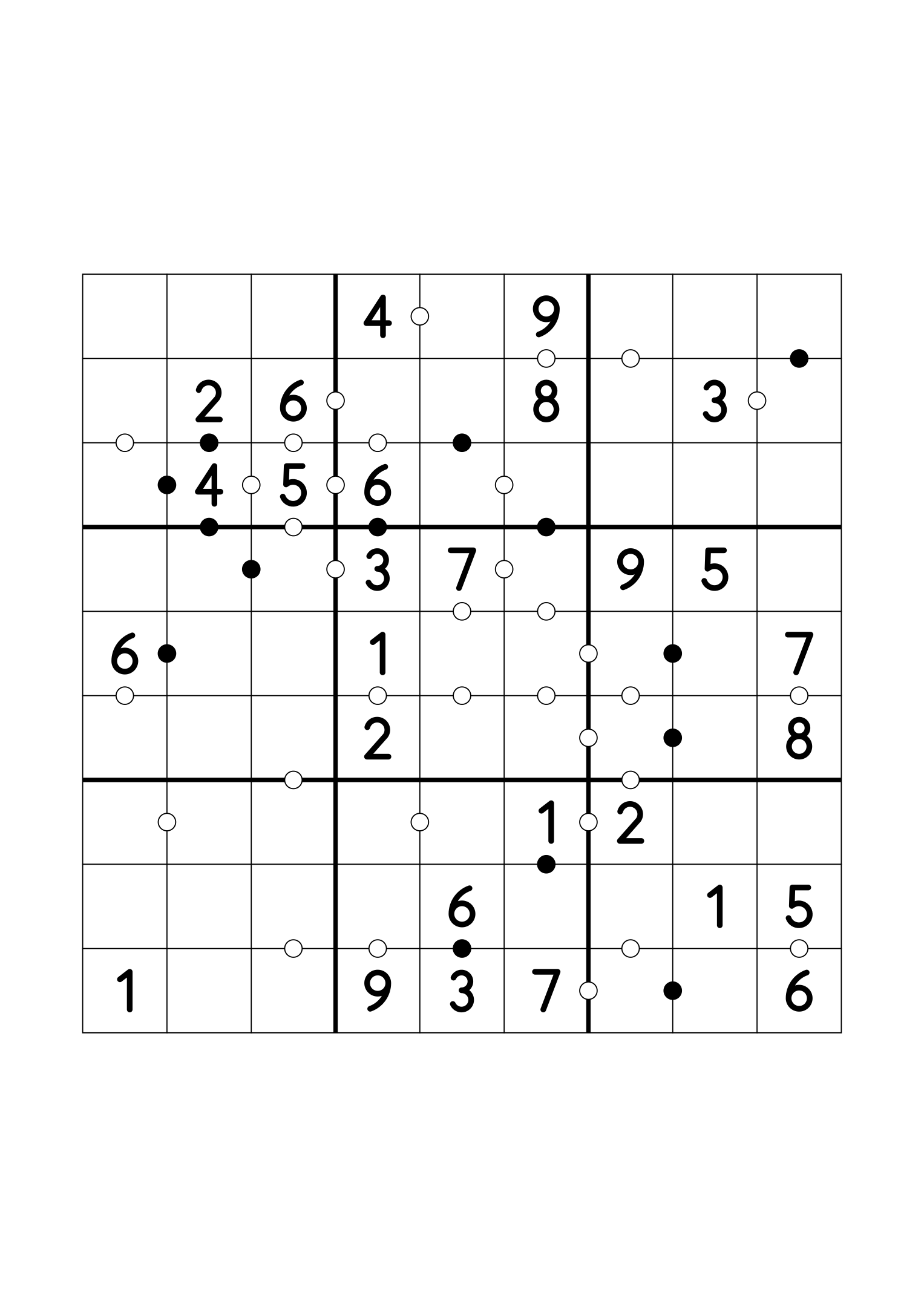 Easy 9x9 Kropki sudoku with twenty-eight given digits. Variant 7.