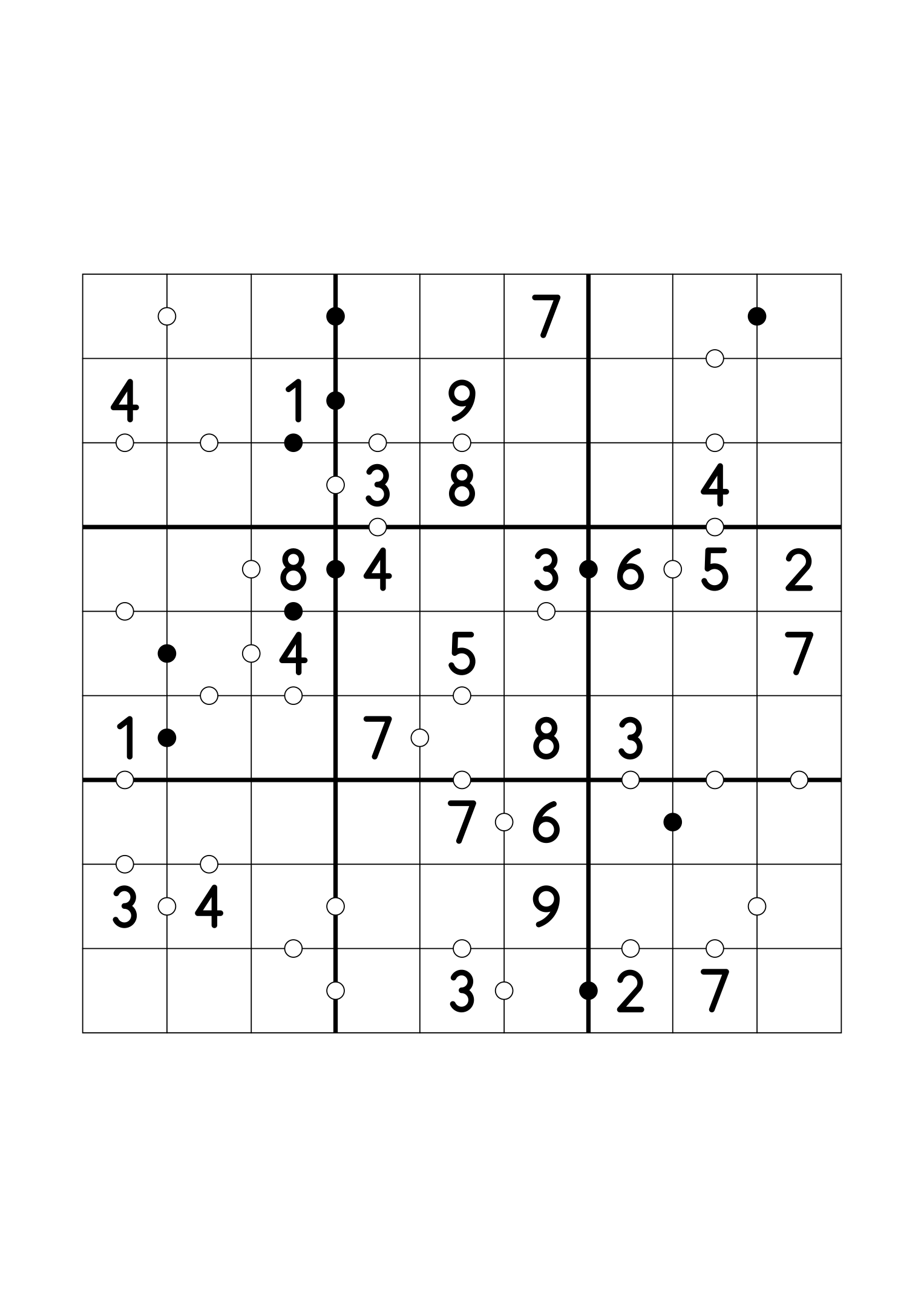 Easy 9x9 Kropki sudoku with twenty-eight given digits. Variant 8.