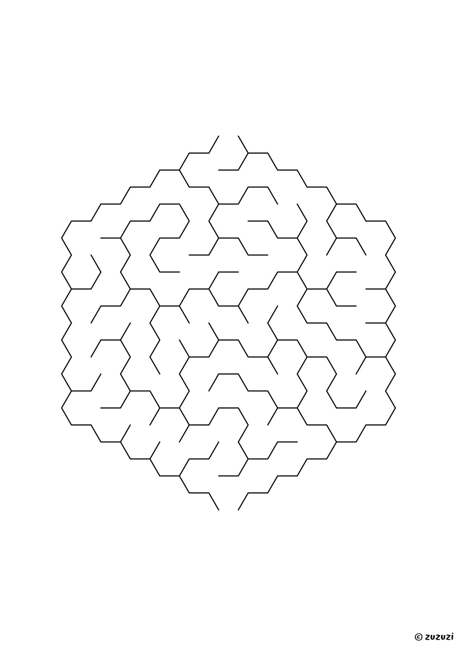 Easy hexagonal maze made of honeycomb cells, black-and-white lines, designed for young children who enjoy light challenges, variant 1.