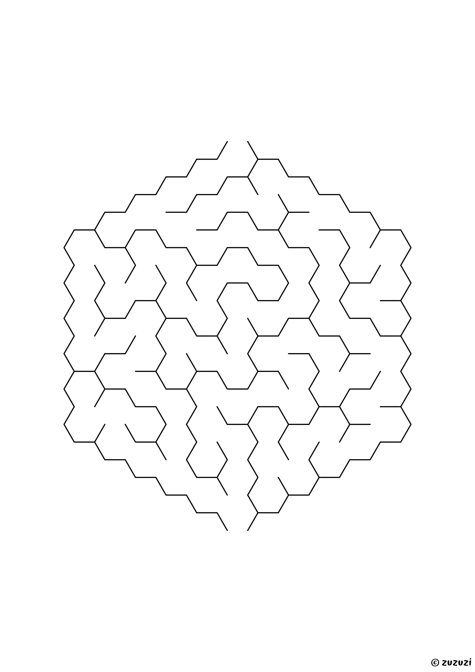 Easy hexagonal maze made of honeycomb cells, black-and-white lines, designed for young children who enjoy light challenges, variant 2.