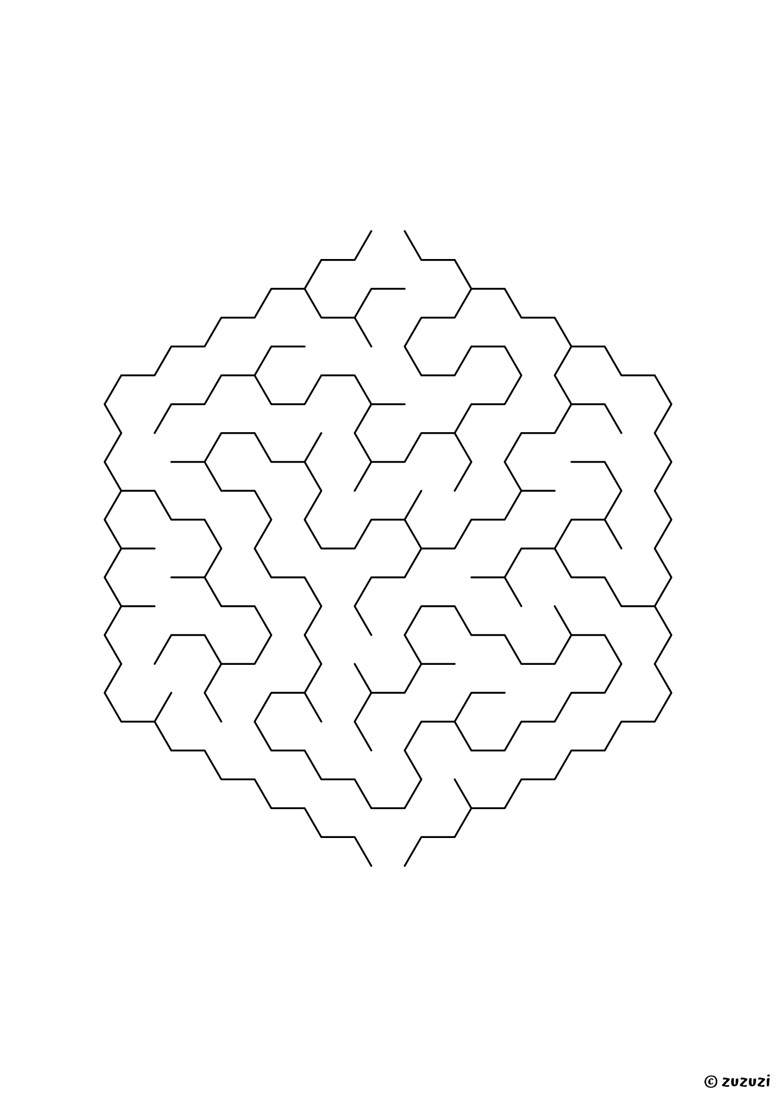 Easy hexagonal maze made of honeycomb cells, black-and-white lines, designed for young children who enjoy light challenges, variant 3.