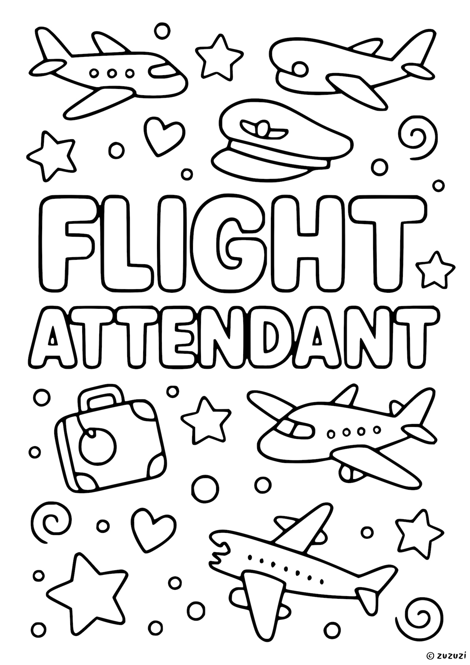 Coloring page with the words 'Flight Attendant' in big bubble letters, surrounded by airplanes, suitcase, pilot hat, hearts, stars, and swirls.