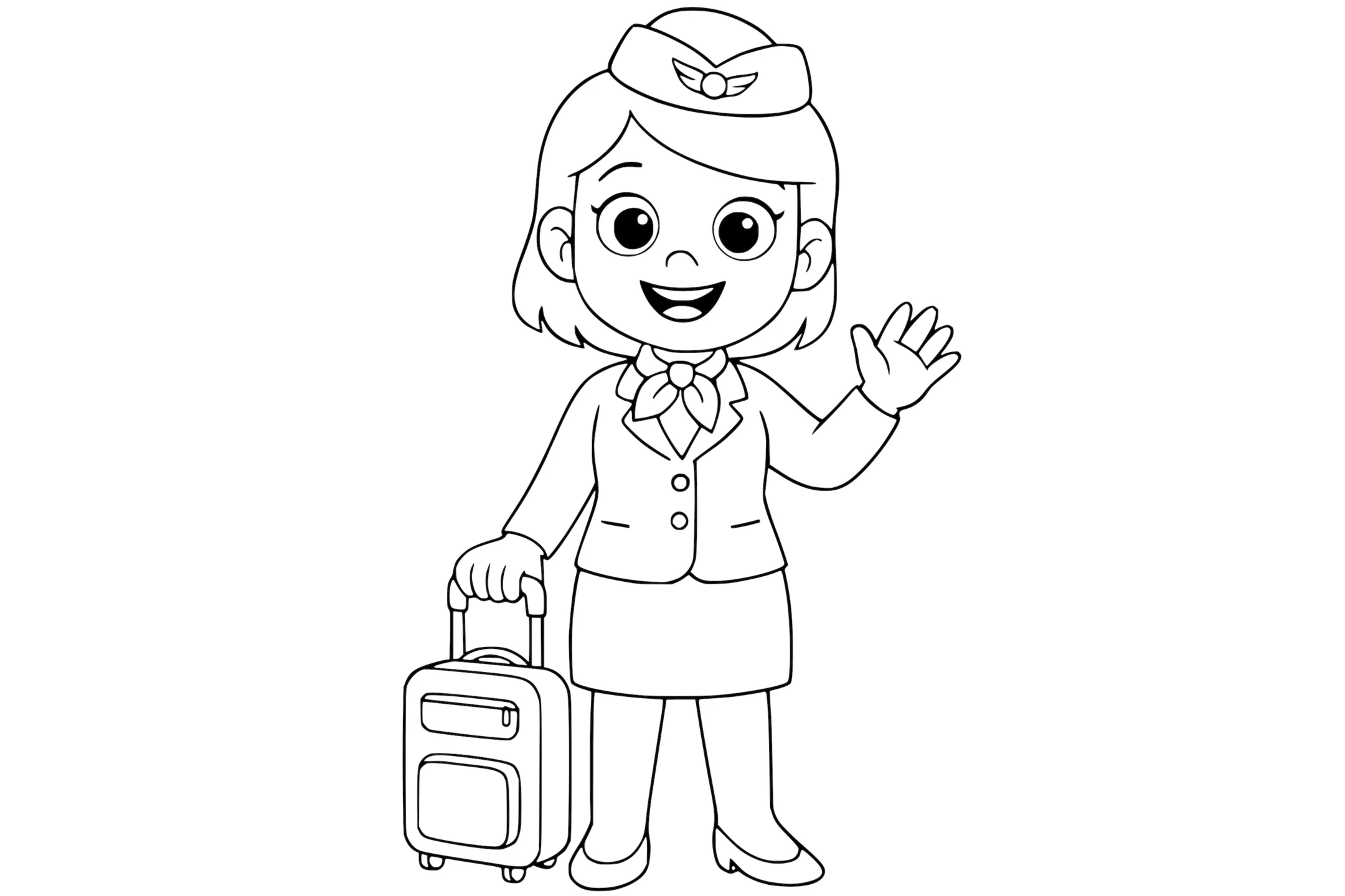 Flight attendant smiling and waving, wearing a uniform with a hat and scarf, holding a rolling suitcase.