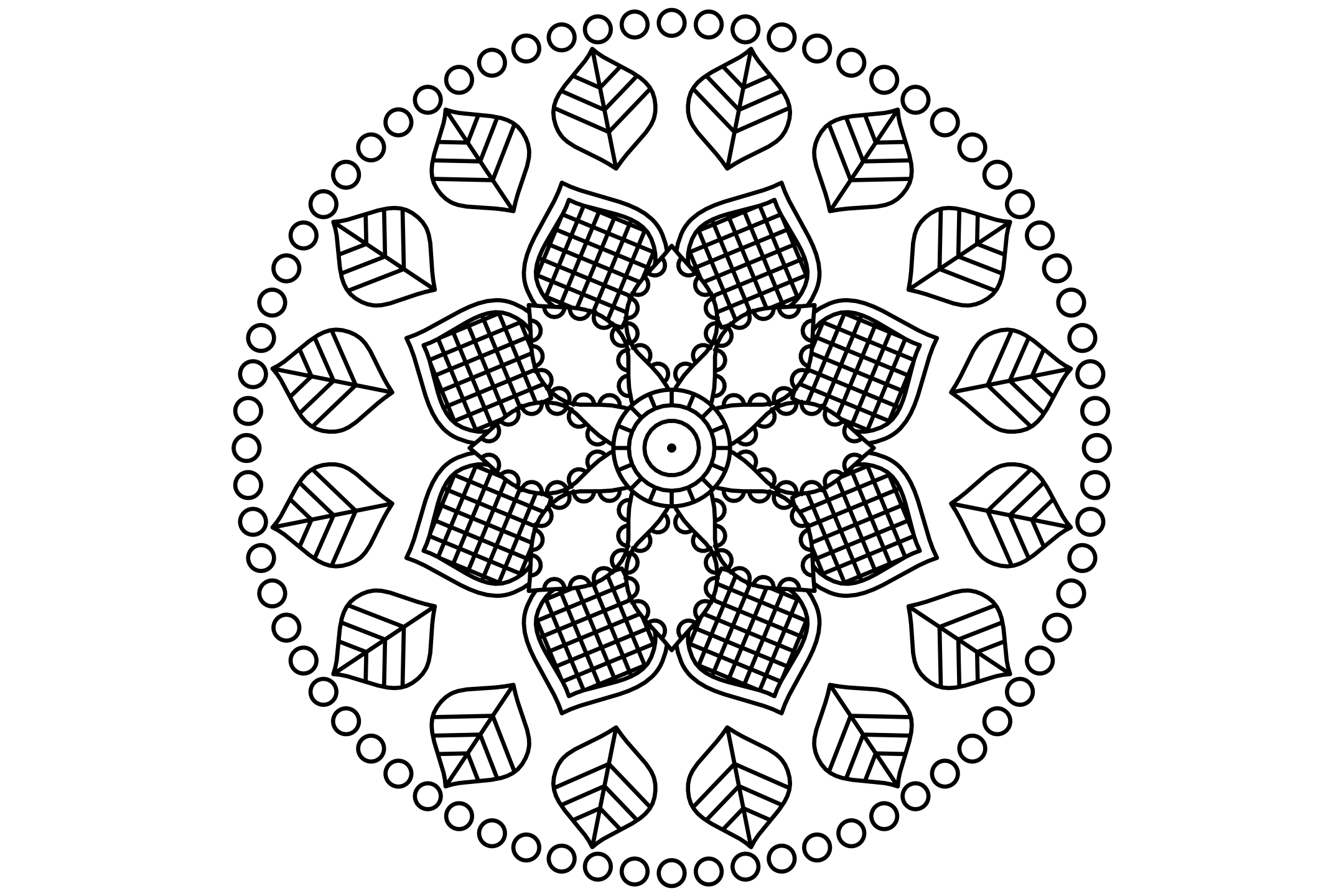 A rich foliage mandala to color with eight veined leaves in two rings and a polygon plate with circles, drawn with one thin line.