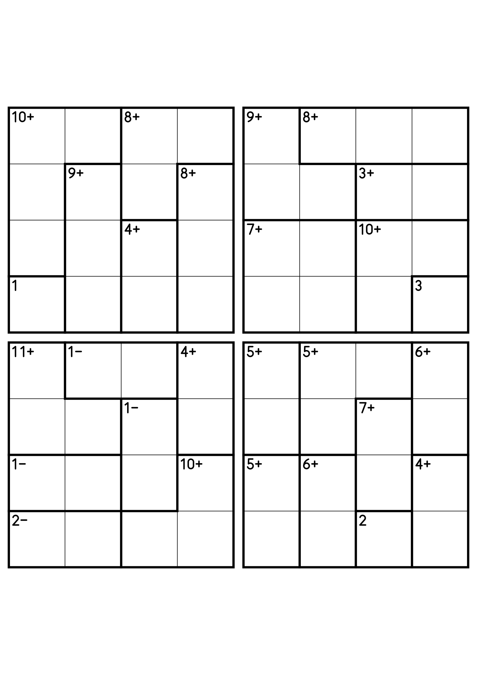 Four 4x4 calcudoku grids mixing addition cages with two-cell subtraction cages. Digits 1 to 4, 4 puzzles per page. Variant 1.