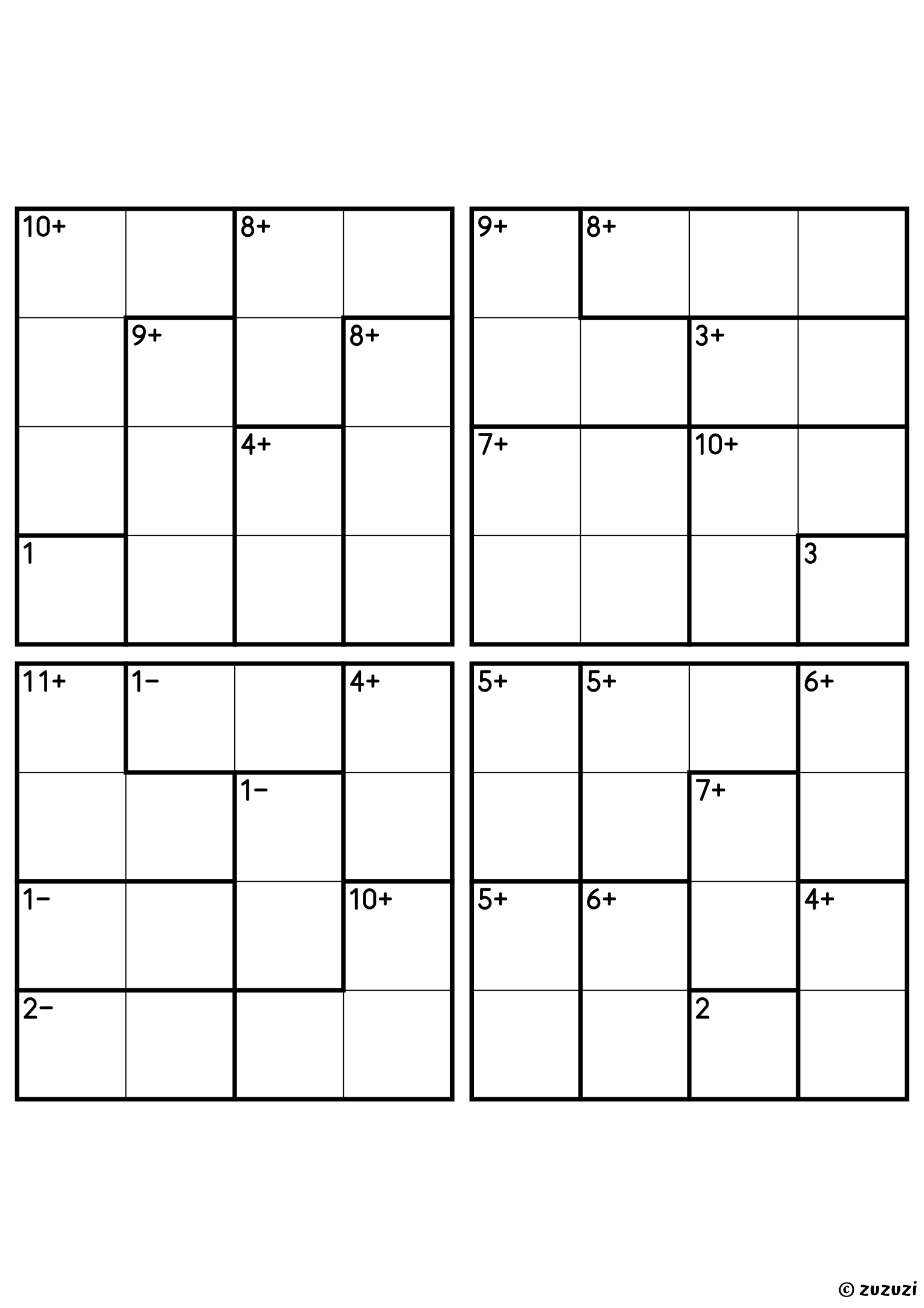Four intermediate 4x4 calcudoku grids with addition and subtraction cages, outlined with thick lines. Digits 1 to 4, 4 puzzles per page. Variant 1.