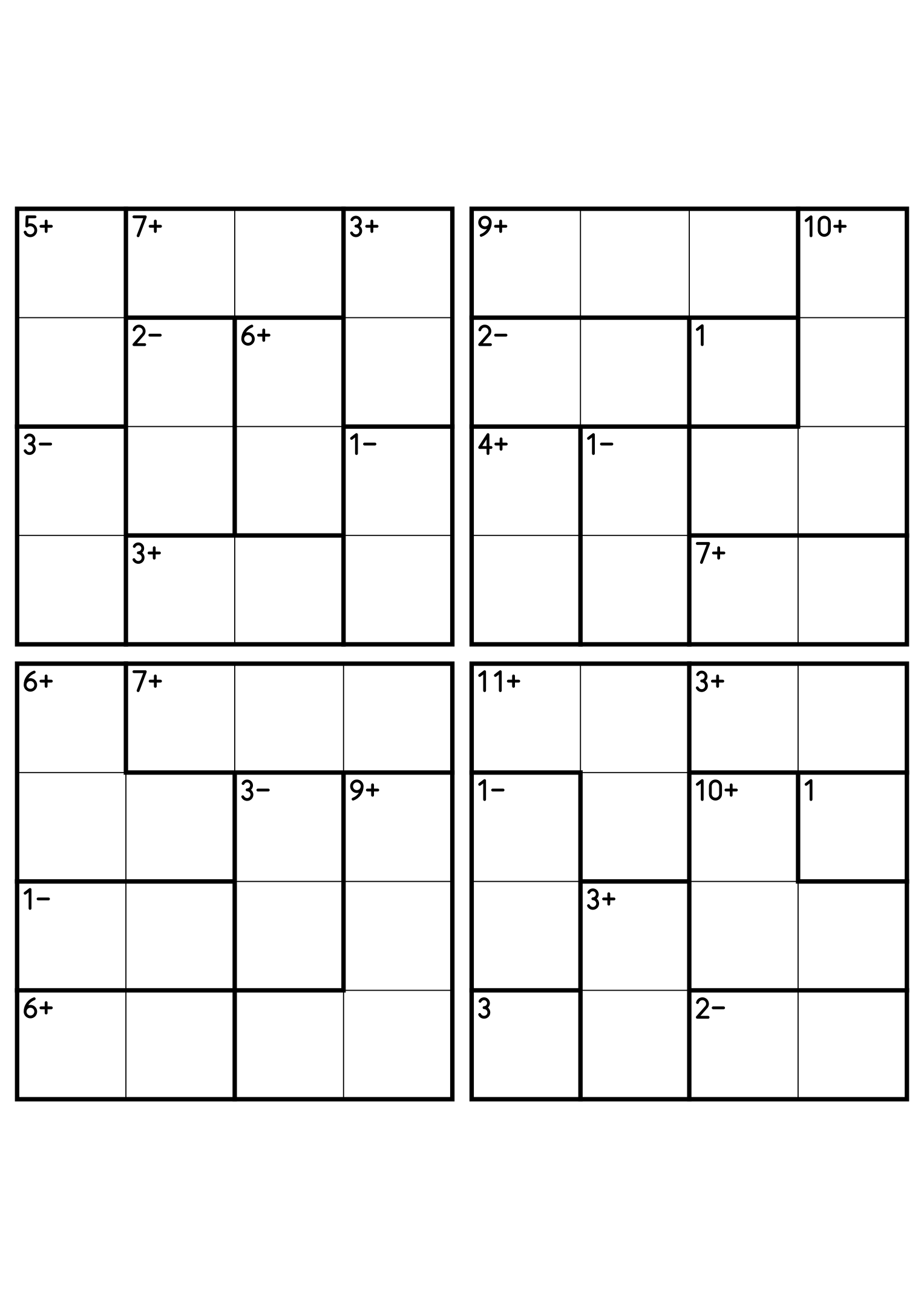 Four 4x4 calcudoku grids mixing addition cages with two-cell subtraction cages. Digits 1 to 4, 4 puzzles per page. Variant 2.
