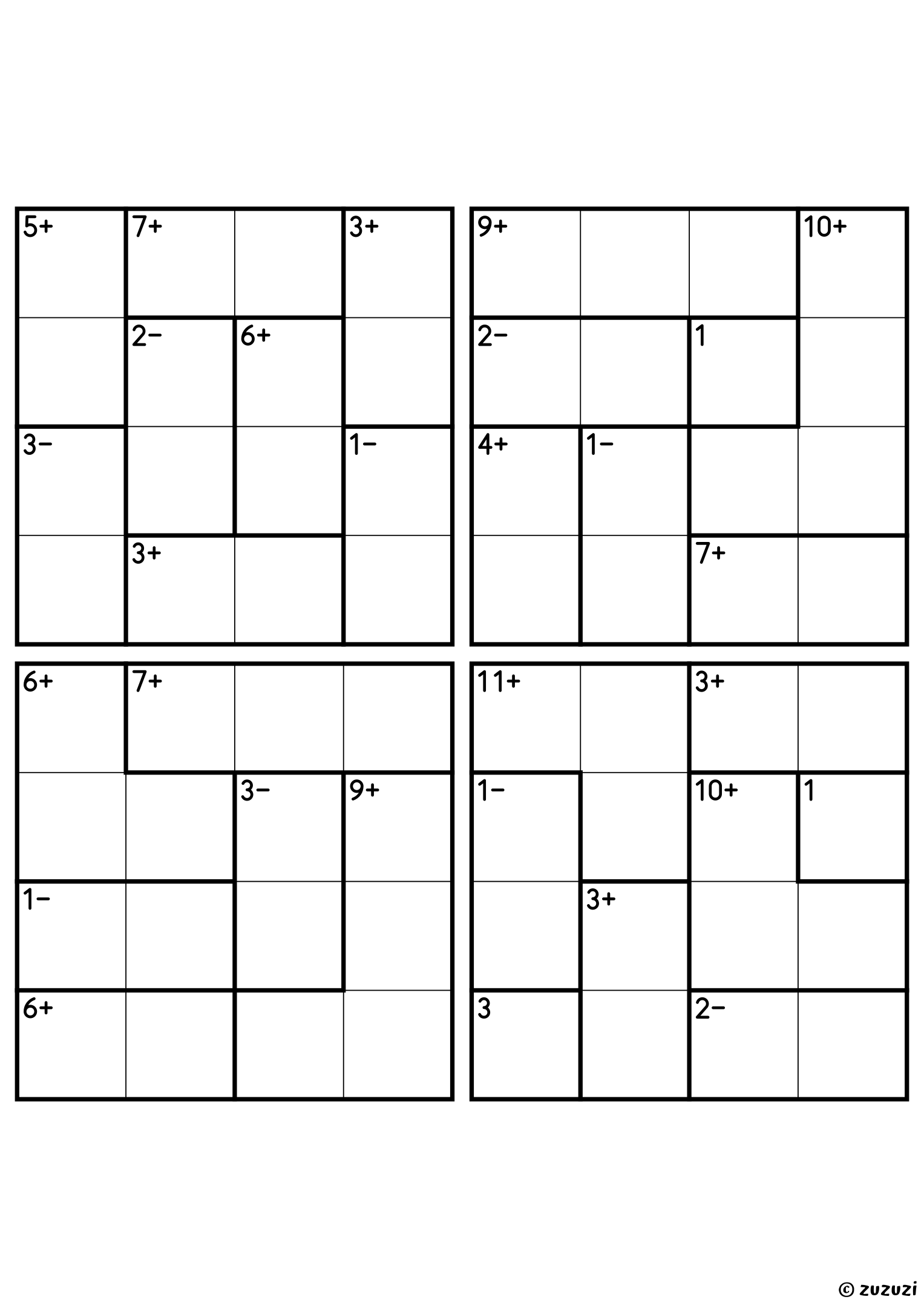 Four intermediate 4x4 calcudoku grids with addition and subtraction cages, outlined with thick lines. Digits 1 to 4, 4 puzzles per page. Variant 2.