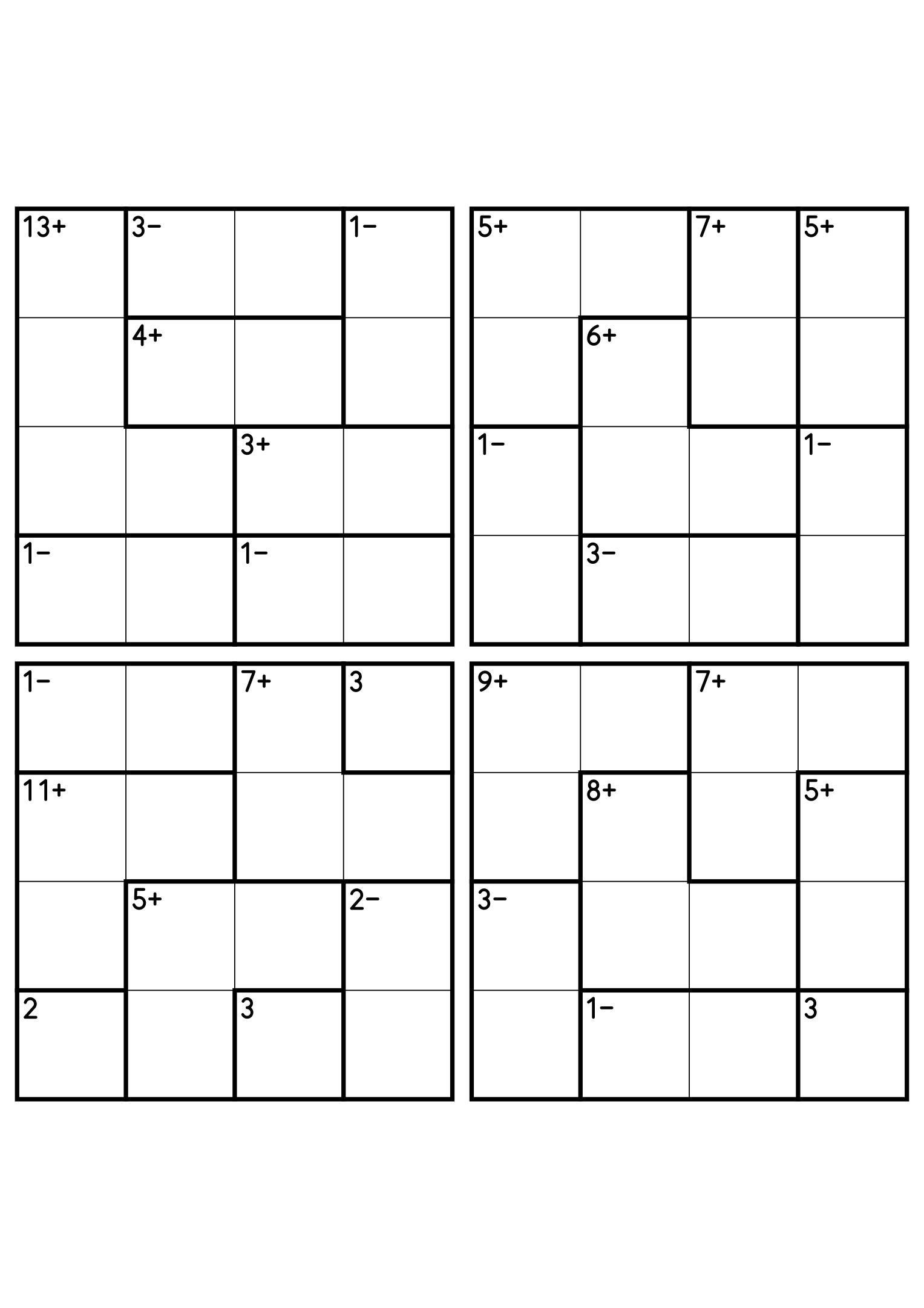 Four 4x4 calcudoku grids mixing addition cages with two-cell subtraction cages. Digits 1 to 4, 4 puzzles per page. Variant 3.