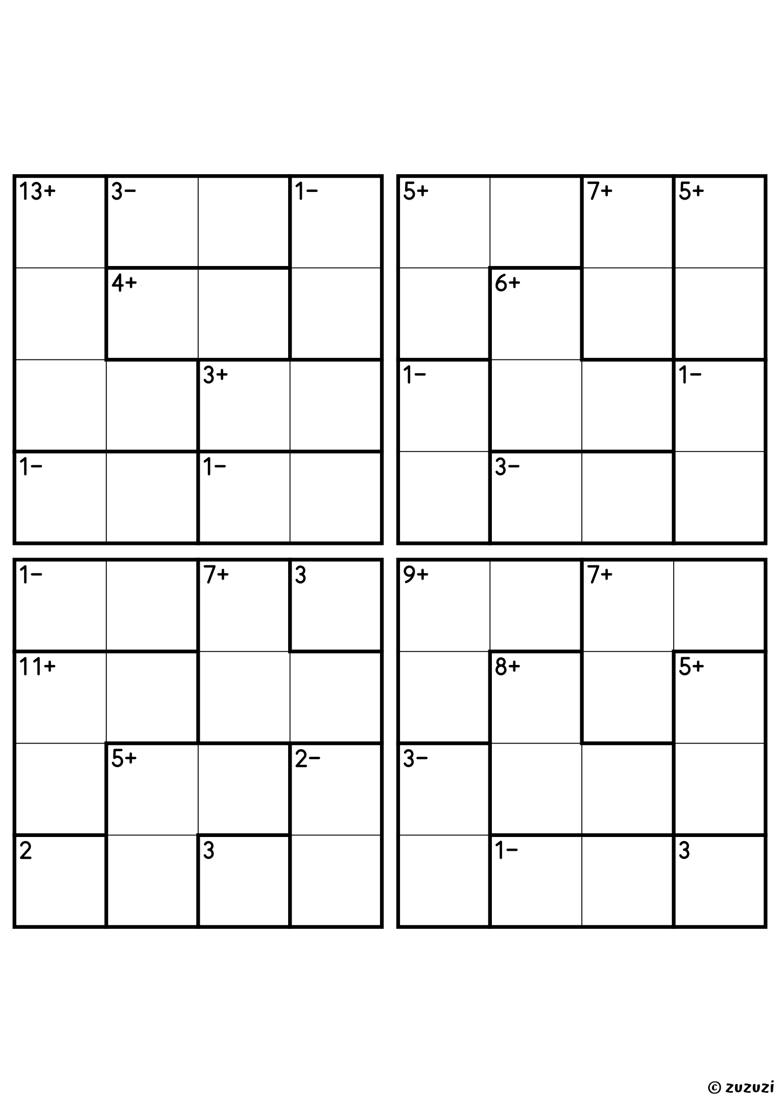 Four intermediate 4x4 calcudoku grids with addition and subtraction cages, outlined with thick lines. Digits 1 to 4, 4 puzzles per page. Variant 3.
