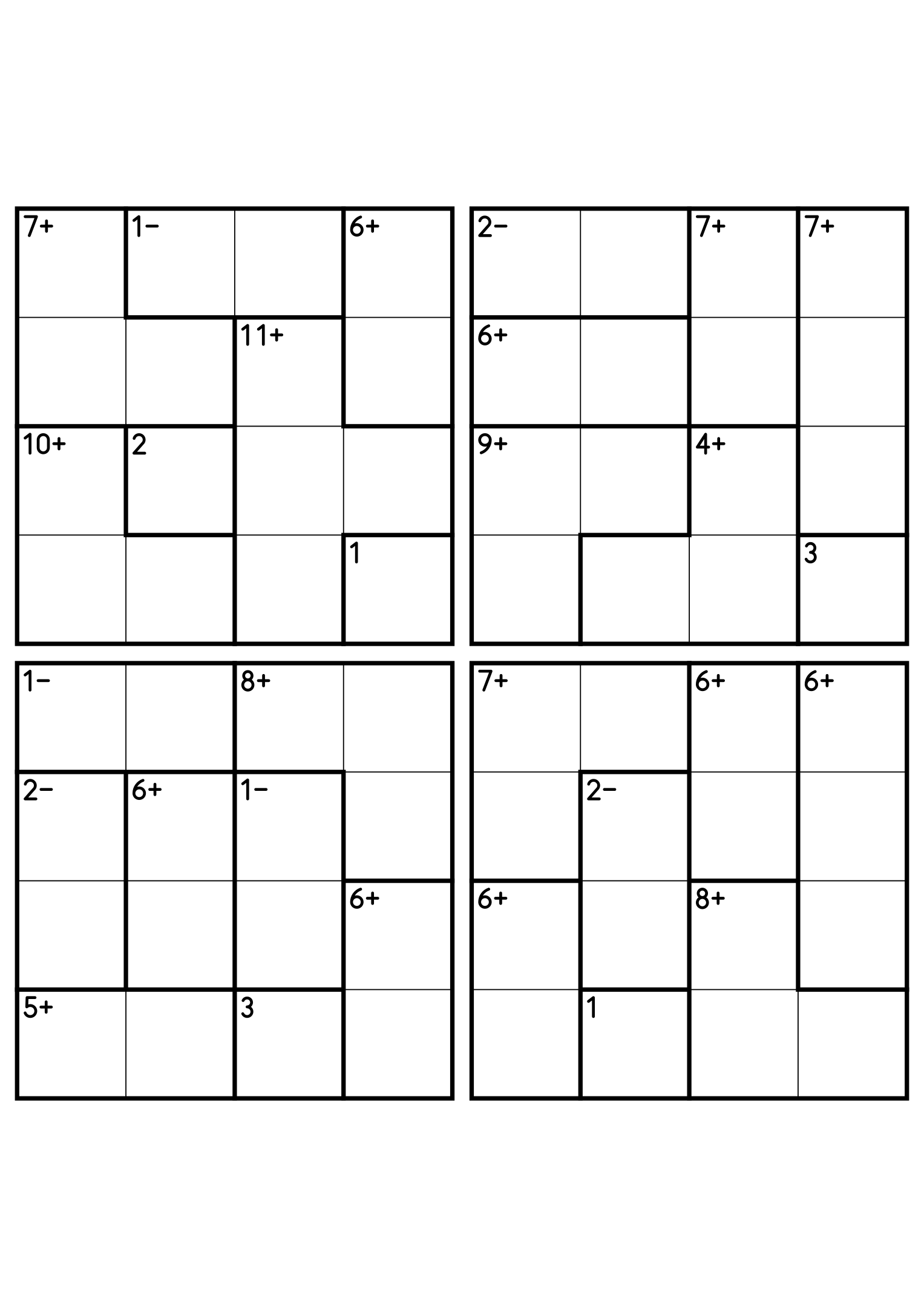 Four 4x4 calcudoku grids mixing addition cages with two-cell subtraction cages. Digits 1 to 4, 4 puzzles per page. Variant 4.