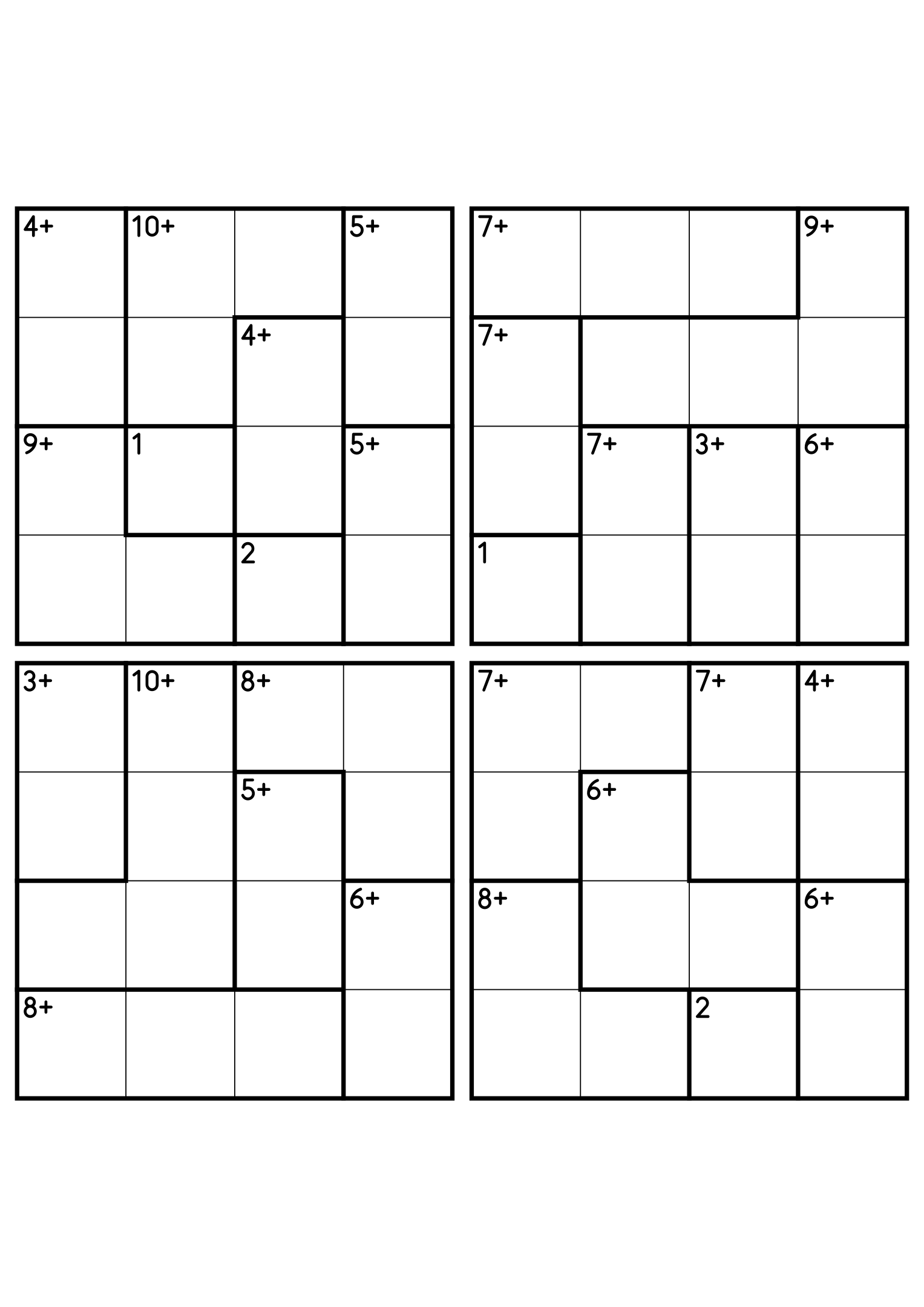 Four 4x4 calcudoku grids with addition cages only, the gentlest way to practise the rules. Digits 1 to 4, 4 puzzles per page. Variant 1.