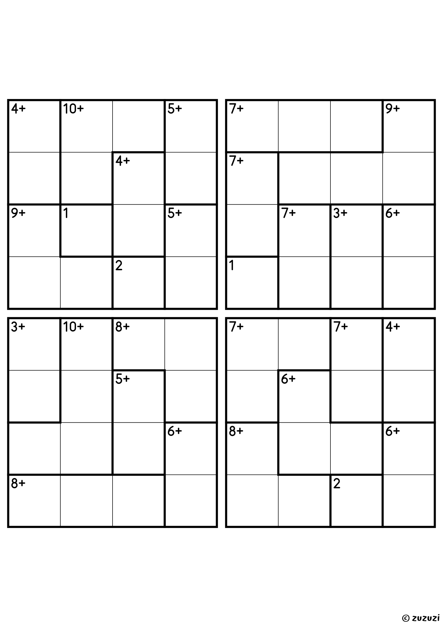 Four beginner 4x4 calcudoku grids with addition cages only, outlined with thick lines. Digits 1 to 4, 4 puzzles per page. Variant 1.