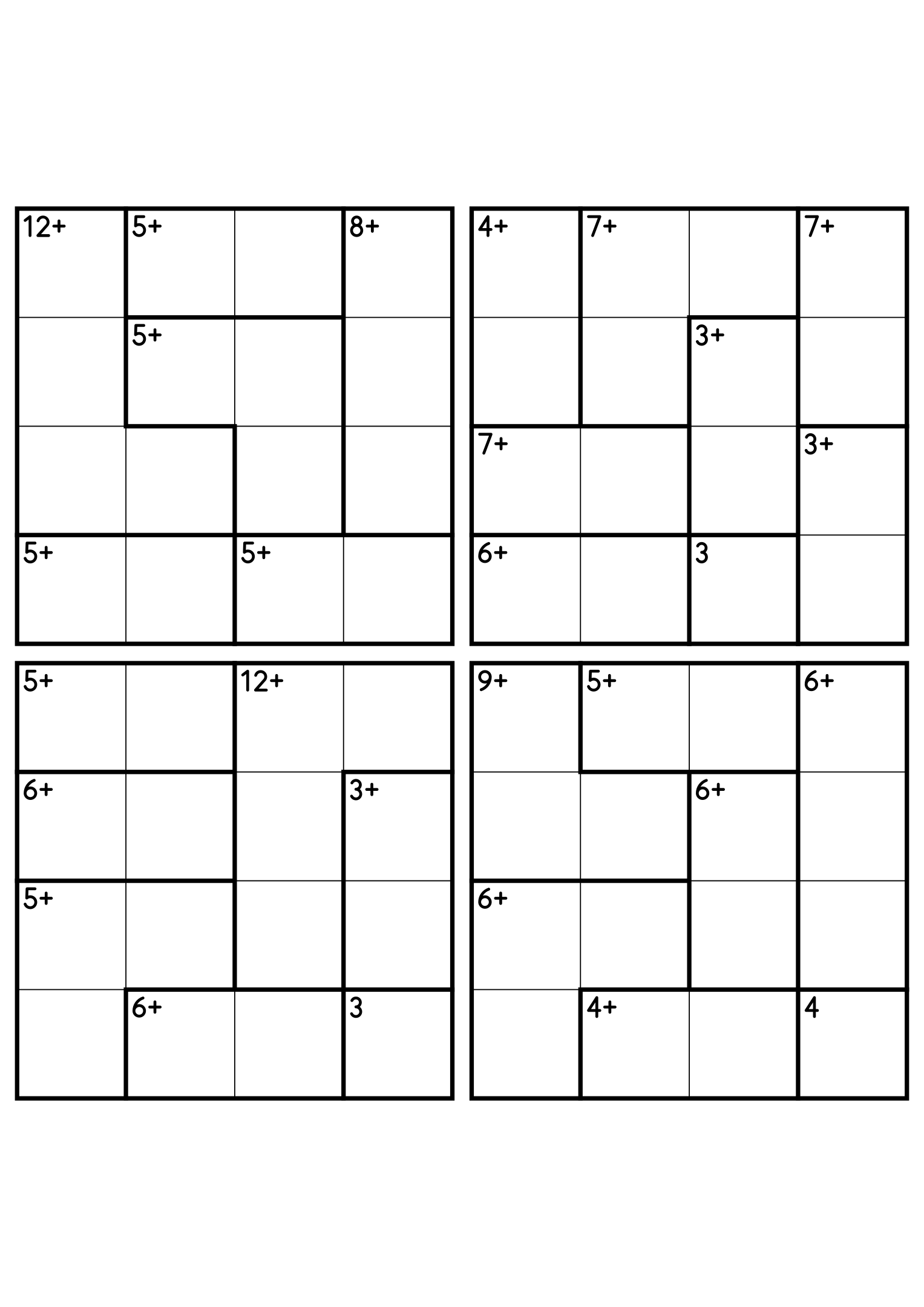 Four 4x4 calcudoku grids with addition cages only, the gentlest way to practise the rules. Digits 1 to 4, 4 puzzles per page. Variant 2.