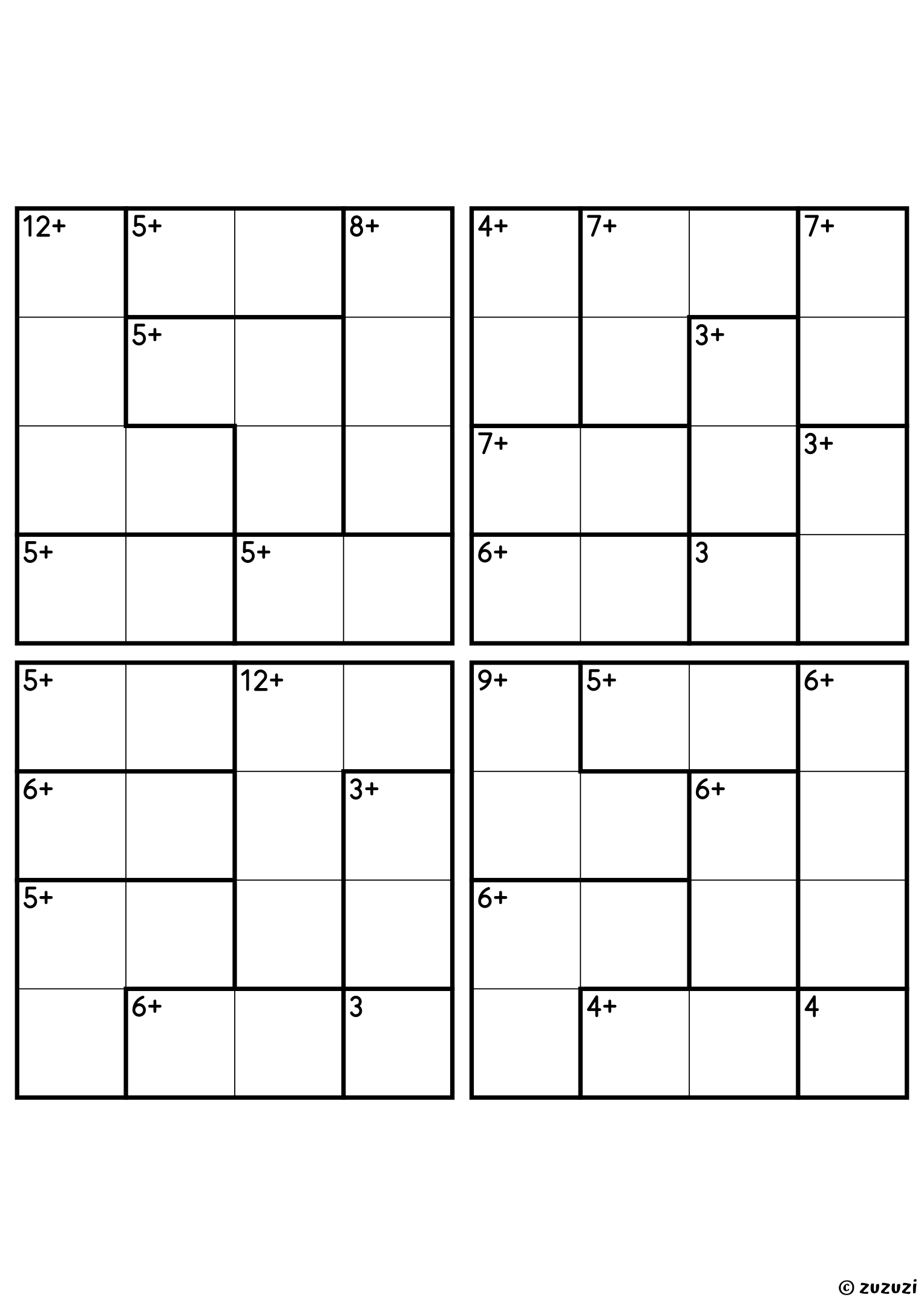 Four beginner 4x4 calcudoku grids with addition cages only, outlined with thick lines. Digits 1 to 4, 4 puzzles per page. Variant 2.
