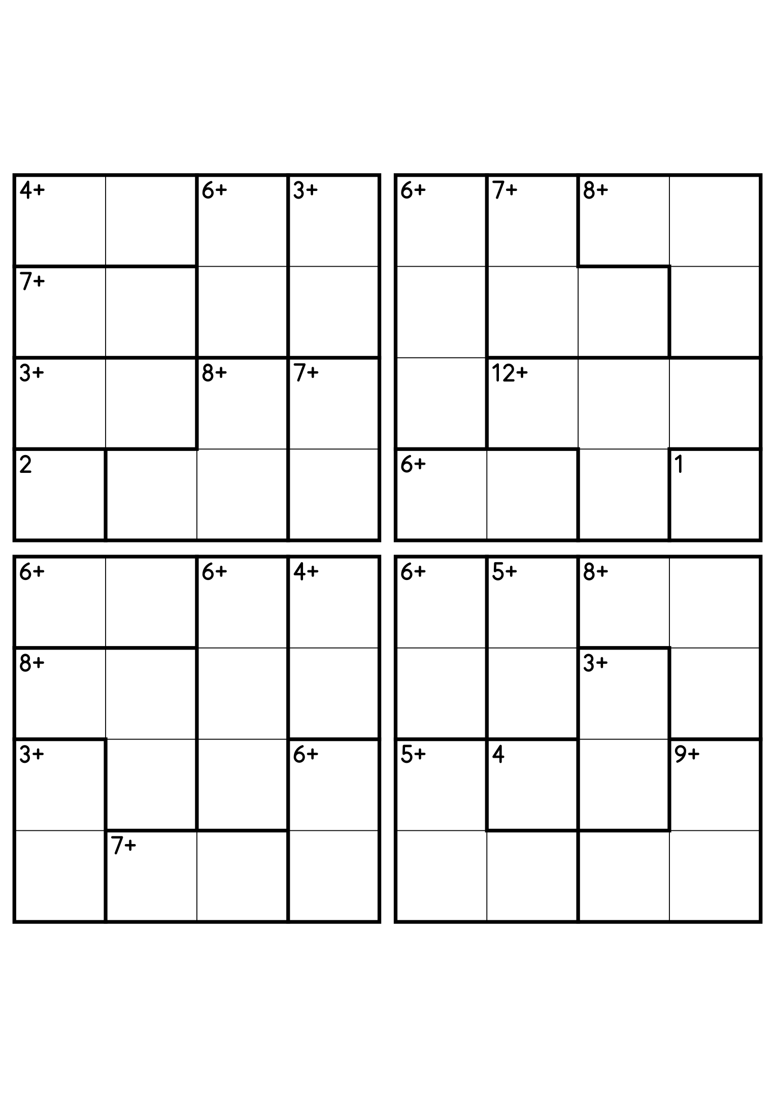 Four 4x4 calcudoku grids with addition cages only, the gentlest way to practise the rules. Digits 1 to 4, 4 puzzles per page. Variant 3.