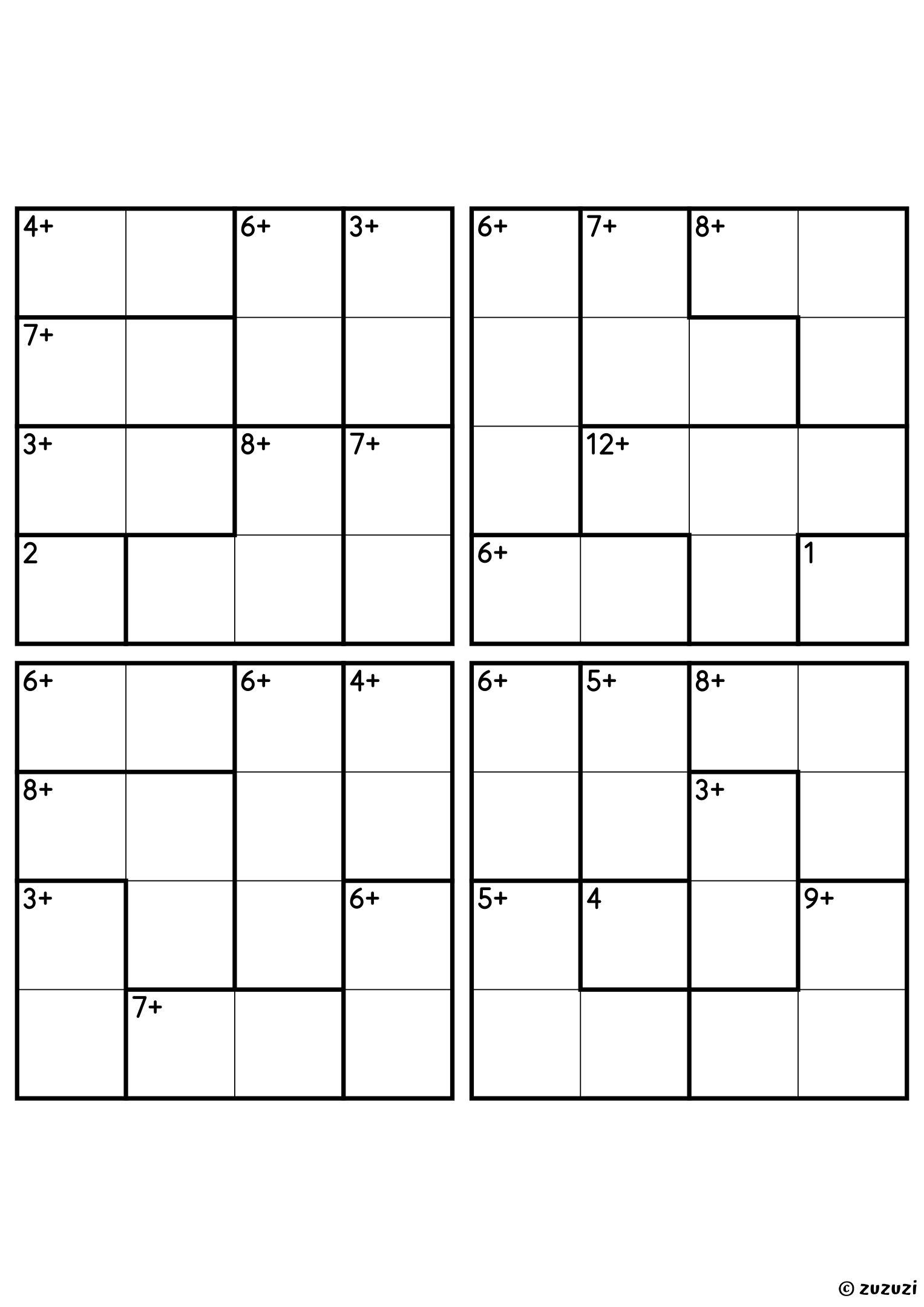 Four beginner 4x4 calcudoku grids with addition cages only, outlined with thick lines. Digits 1 to 4, 4 puzzles per page. Variant 3.