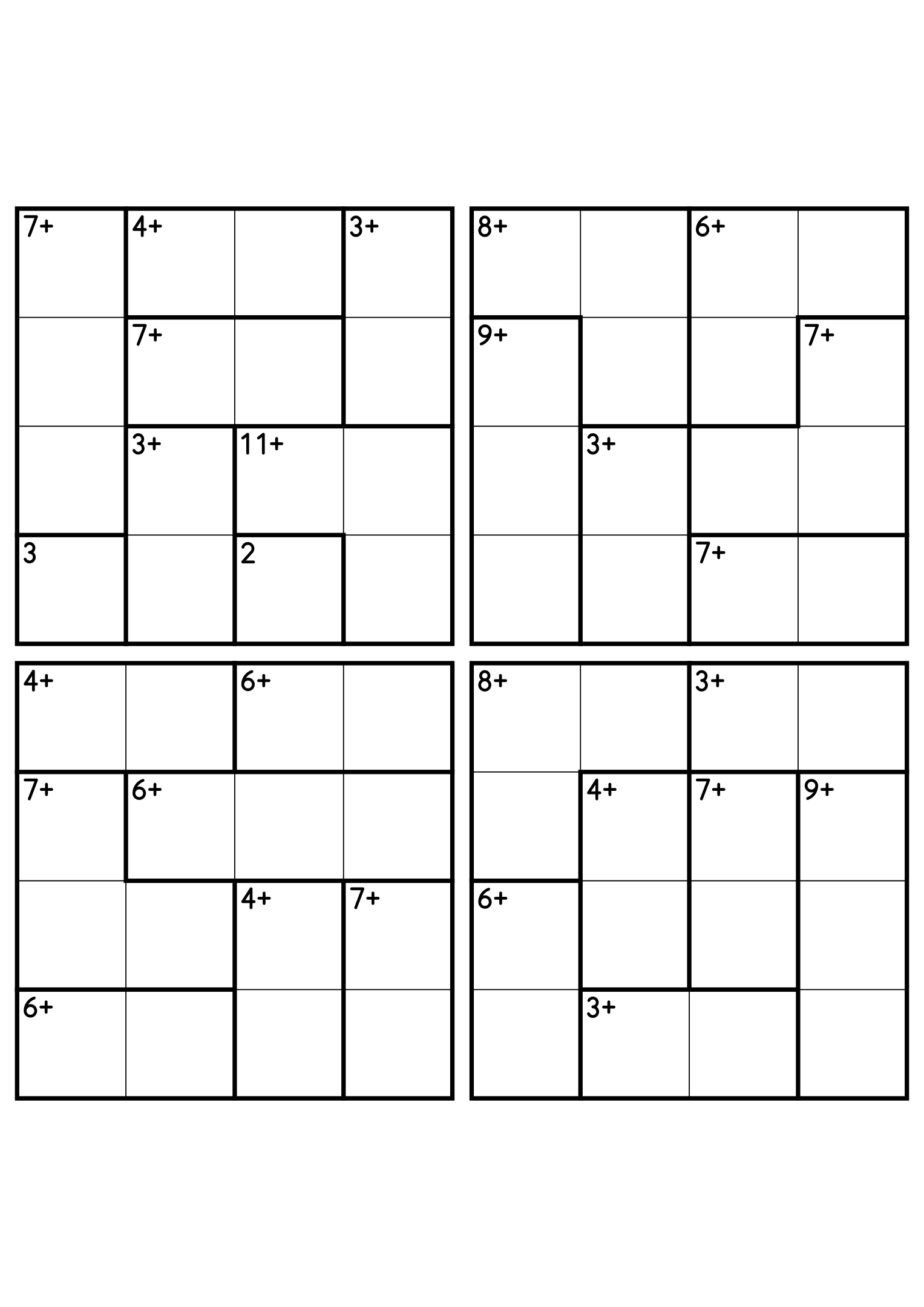 Four 4x4 calcudoku grids with addition cages only, the gentlest way to practise the rules. Digits 1 to 4, 4 puzzles per page. Variant 4.