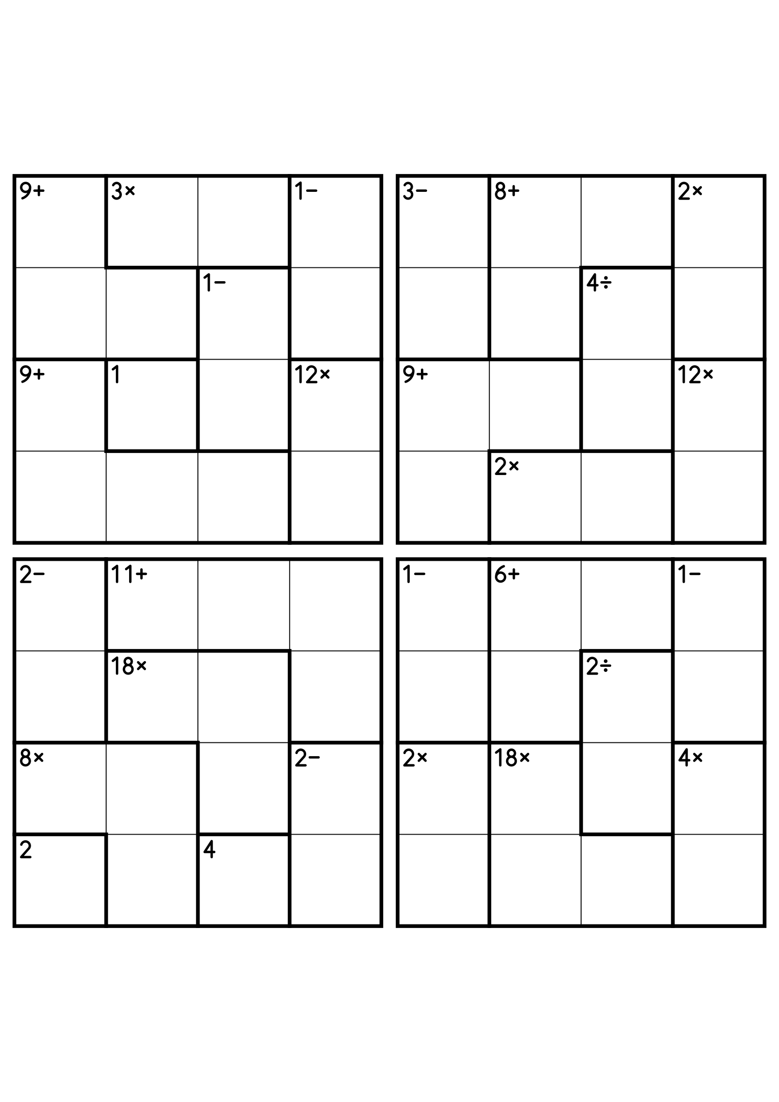 Four 4x4 calcudoku grids with addition, subtraction, multiplication and division cages. Digits 1 to 4, 4 puzzles per page. Variant 1.