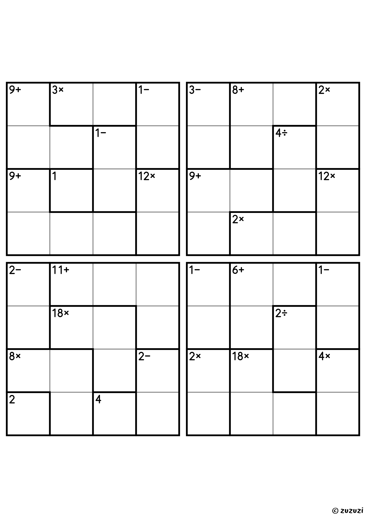 Four advanced 4x4 calcudoku grids with addition, subtraction, multiplication, and division cages, outlined with thick lines. Digits 1 to 4, 4 puzzles per page. Variant 1.