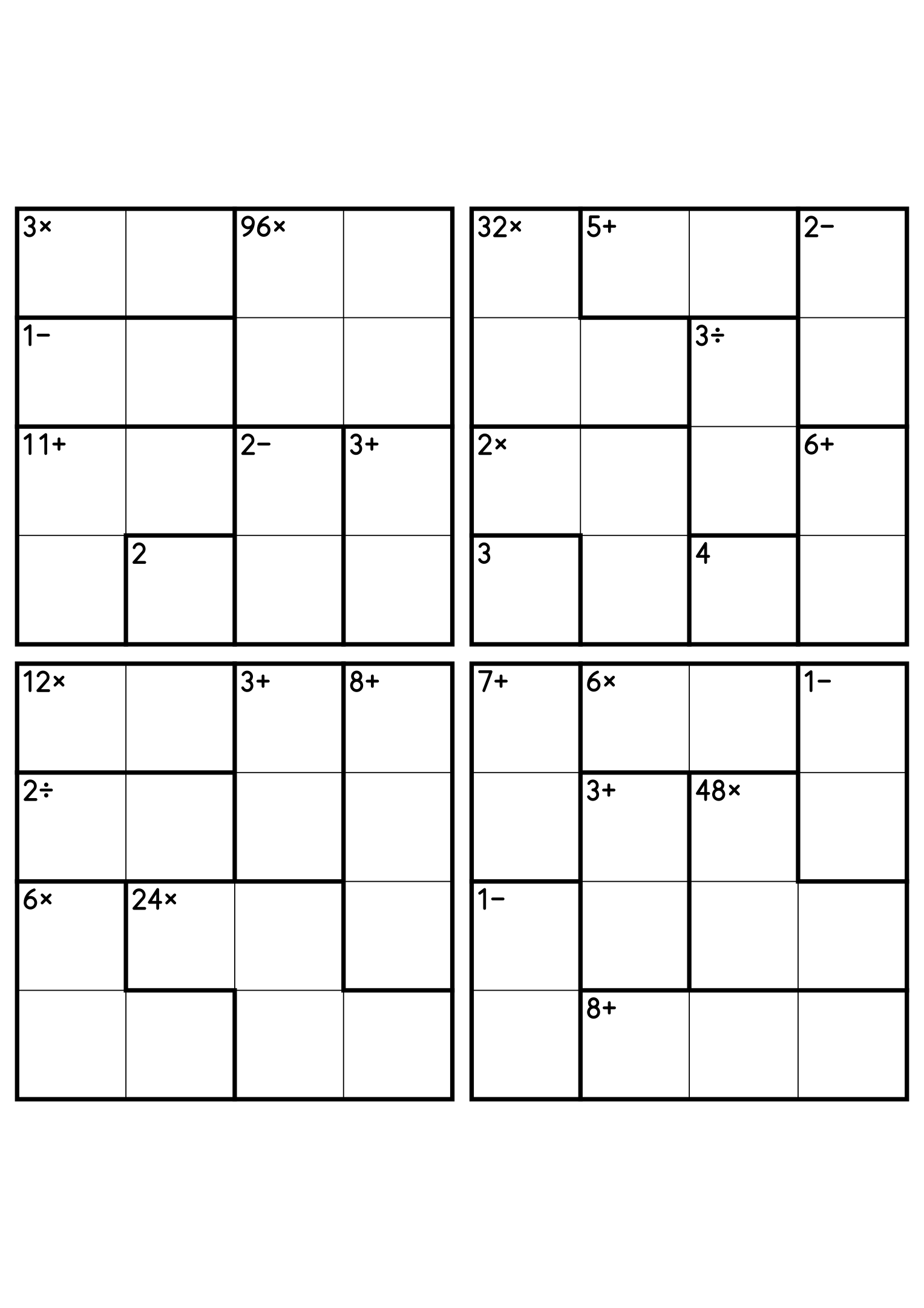 Four 4x4 calcudoku grids with addition, subtraction, multiplication and division cages. Digits 1 to 4, 4 puzzles per page. Variant 2.