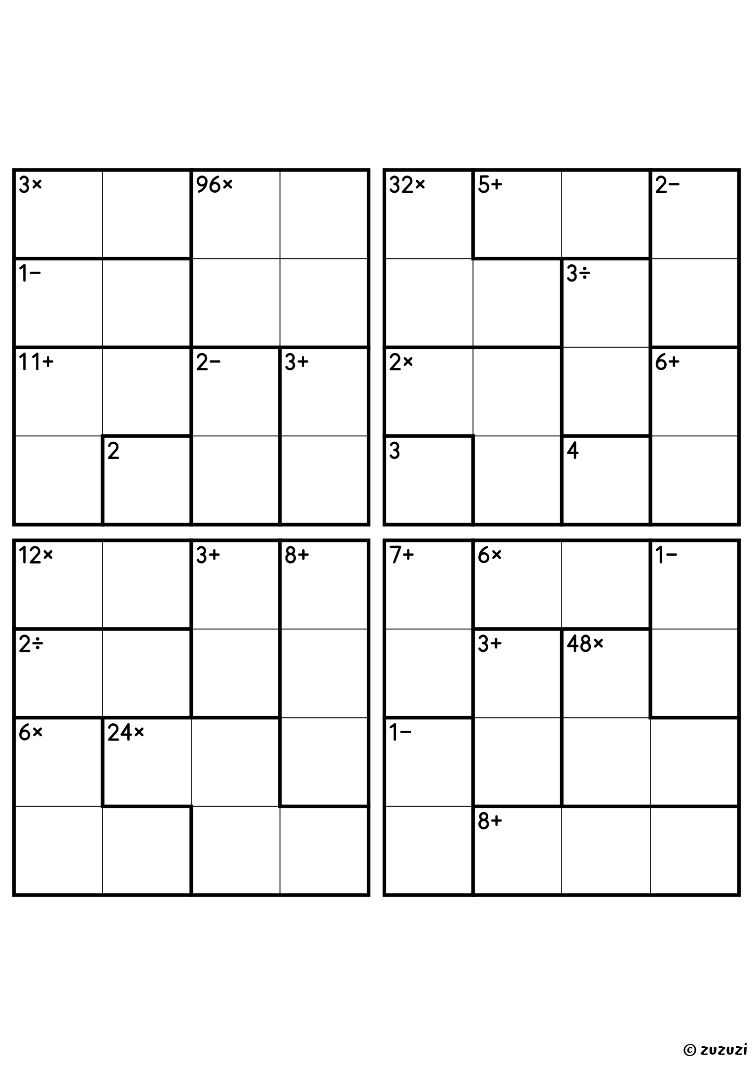 Four advanced 4x4 calcudoku grids with addition, subtraction, multiplication, and division cages, outlined with thick lines. Digits 1 to 4, 4 puzzles per page. Variant 2.