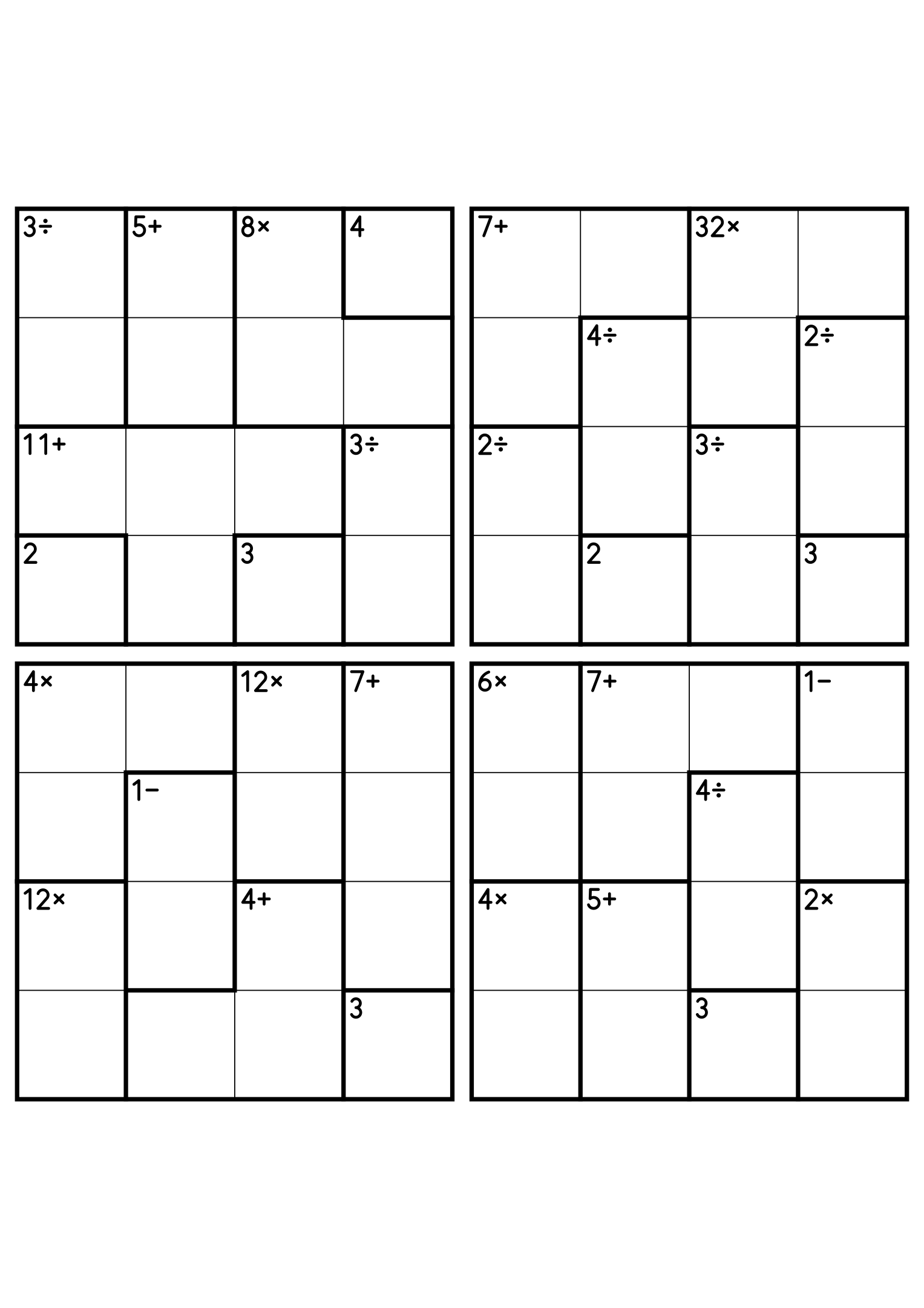 Four 4x4 calcudoku grids with addition, subtraction, multiplication and division cages. Digits 1 to 4, 4 puzzles per page. Variant 3.