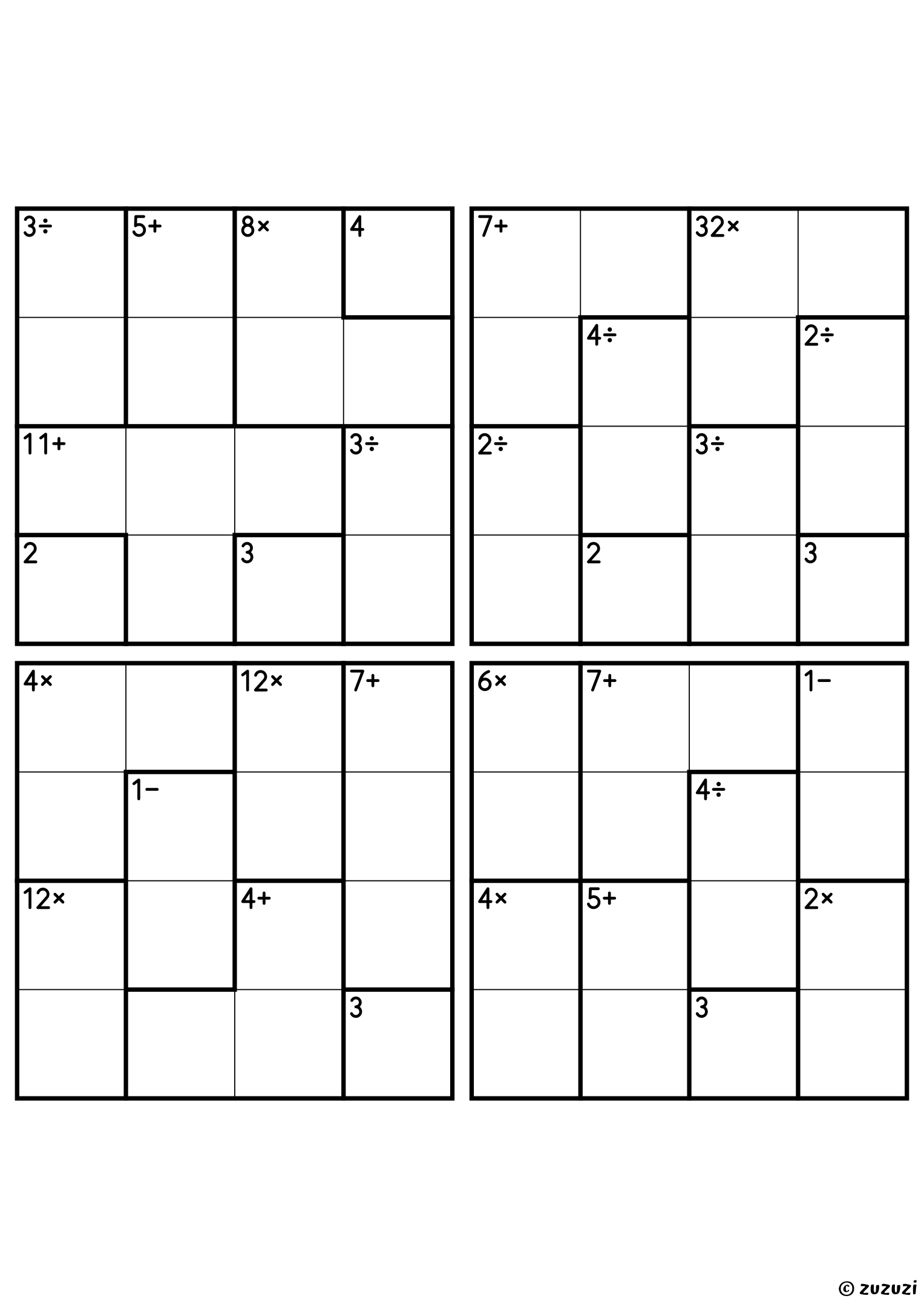 Four advanced 4x4 calcudoku grids with addition, subtraction, multiplication, and division cages, outlined with thick lines. Digits 1 to 4, 4 puzzles per page. Variant 3.