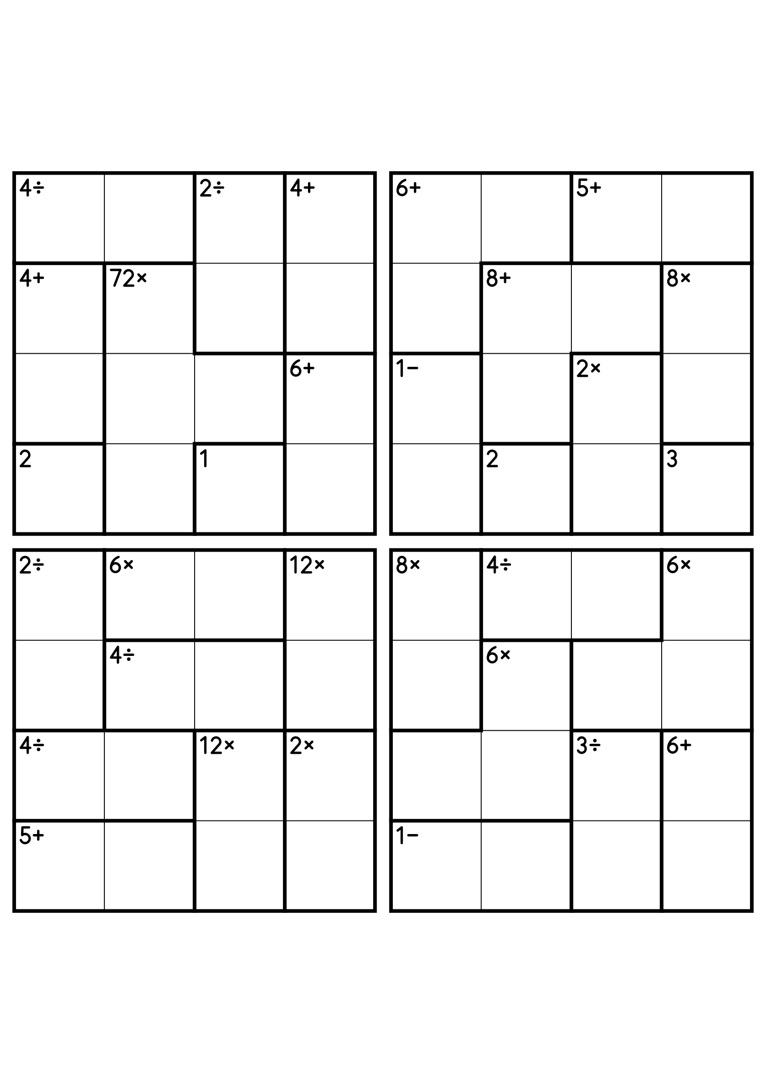Four 4x4 calcudoku grids with addition, subtraction, multiplication and division cages. Digits 1 to 4, 4 puzzles per page. Variant 4.