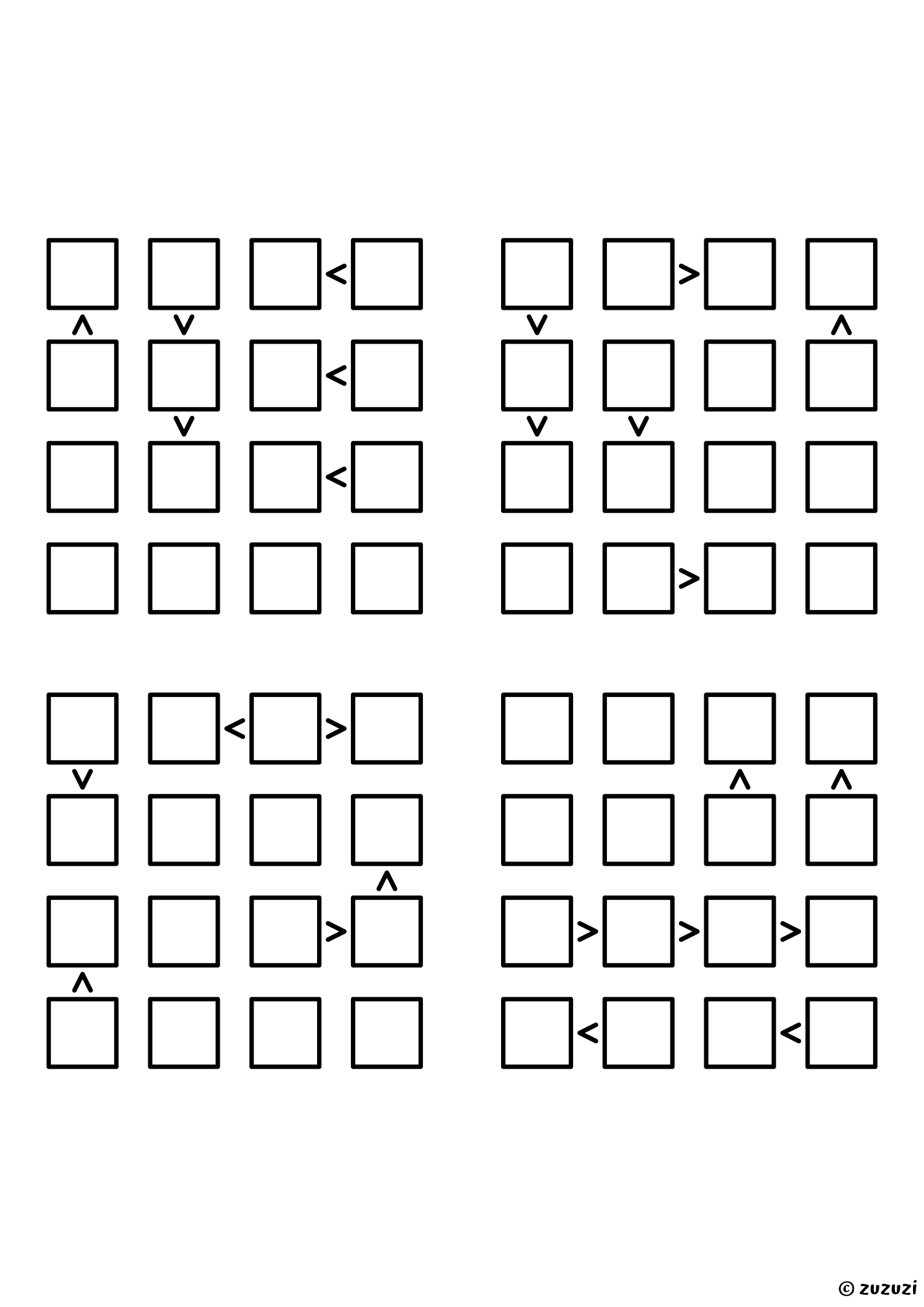 Four friendly 4x4 futoshiki grids with inequality signs between neighboring cells. Digits 1 to 4, 4 puzzles per page. Variant 1.
