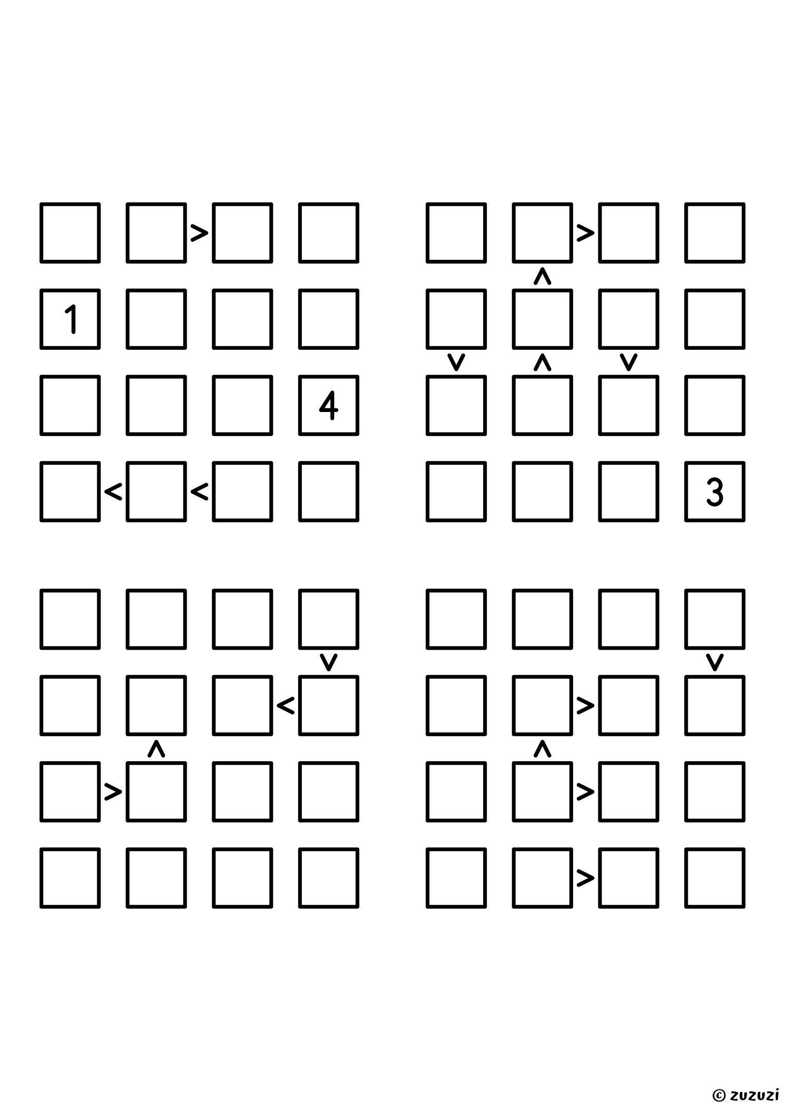 Four friendly 4x4 futoshiki grids with inequality signs between neighboring cells. Digits 1 to 4, 4 puzzles per page. Variant 2.