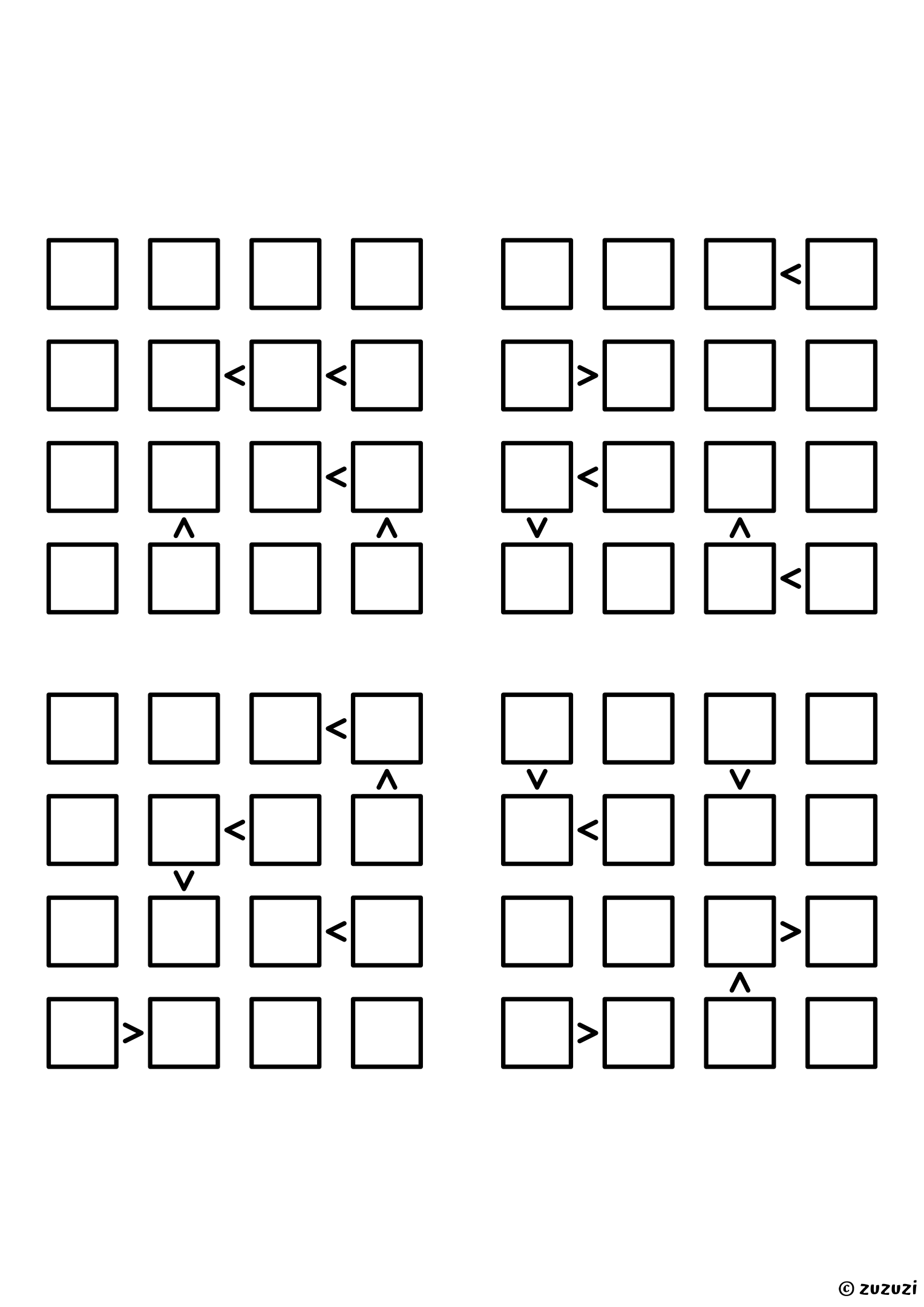 Four friendly 4x4 futoshiki grids with inequality signs between neighboring cells. Digits 1 to 4, 4 puzzles per page. Variant 3.