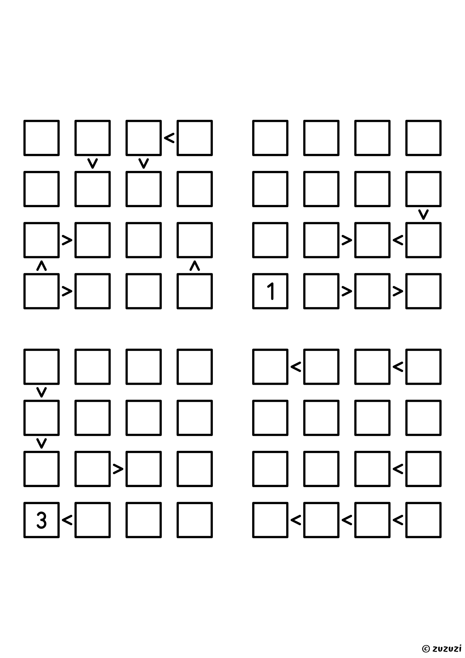 Four friendly 4x4 futoshiki grids with inequality signs between neighboring cells. Digits 1 to 4, 4 puzzles per page. Variant 4.