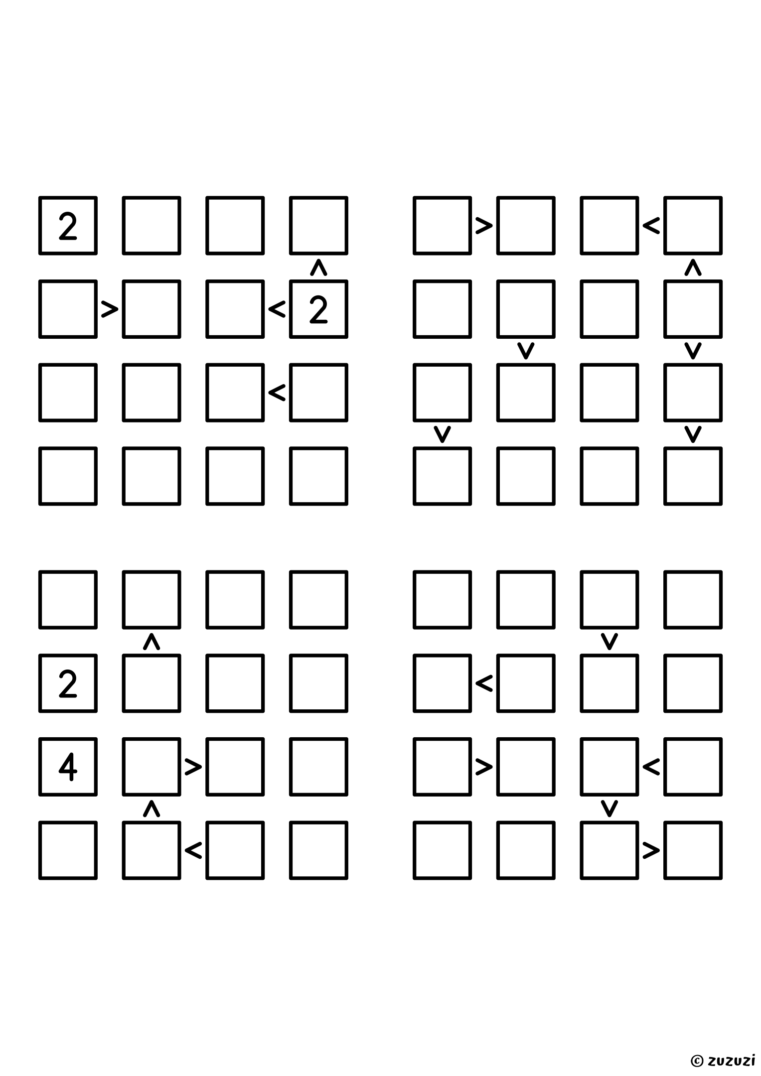 Four friendly 4x4 futoshiki grids with inequality signs between neighboring cells. Digits 1 to 4, 4 puzzles per page. Variant 5.