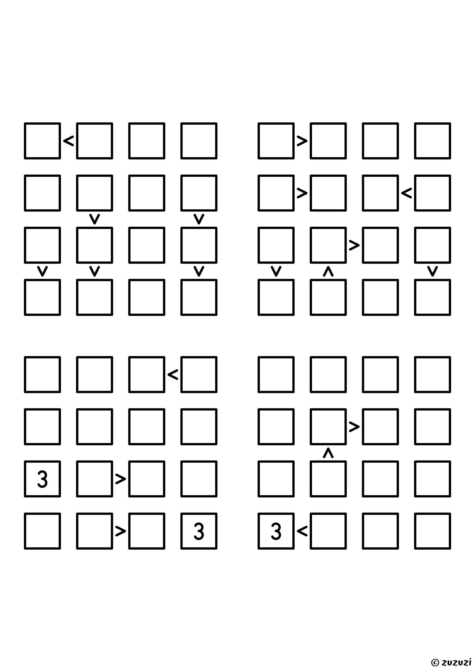 Four friendly 4x4 futoshiki grids with inequality signs between neighboring cells. Digits 1 to 4, 4 puzzles per page. Variant 6.
