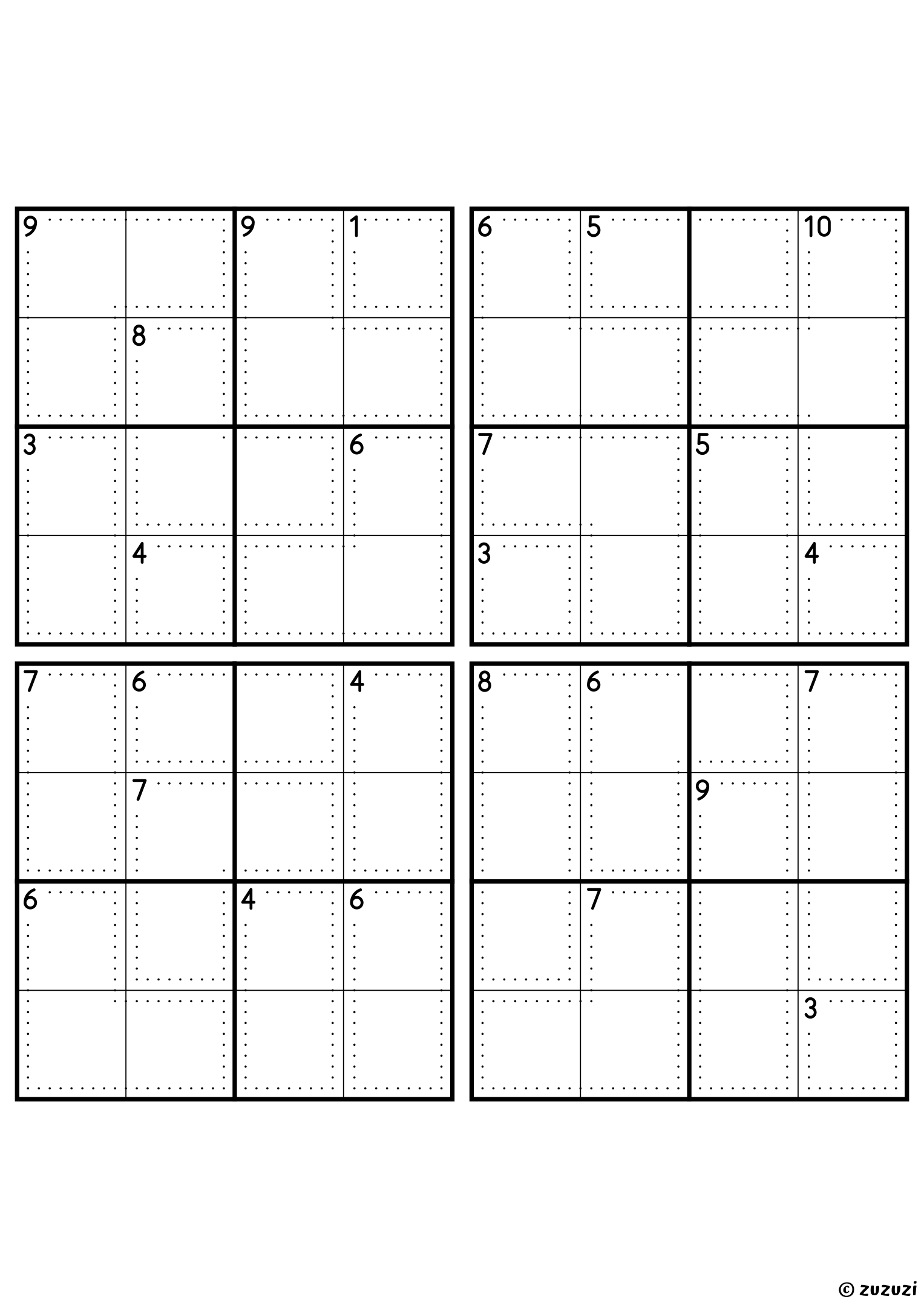 Four beginner-friendly 4x4 killer sudoku grids with no given numbers, only dotted cages and their sums. Digits 1 to 4, 4 puzzles per page. Variant 1.