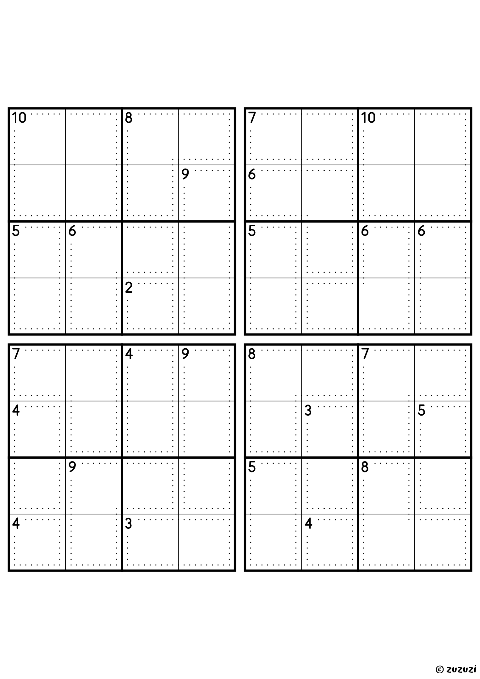 Four beginner-friendly 4x4 killer sudoku grids with no given numbers, only dotted cages and their sums. Digits 1 to 4, 4 puzzles per page. Variant 2.