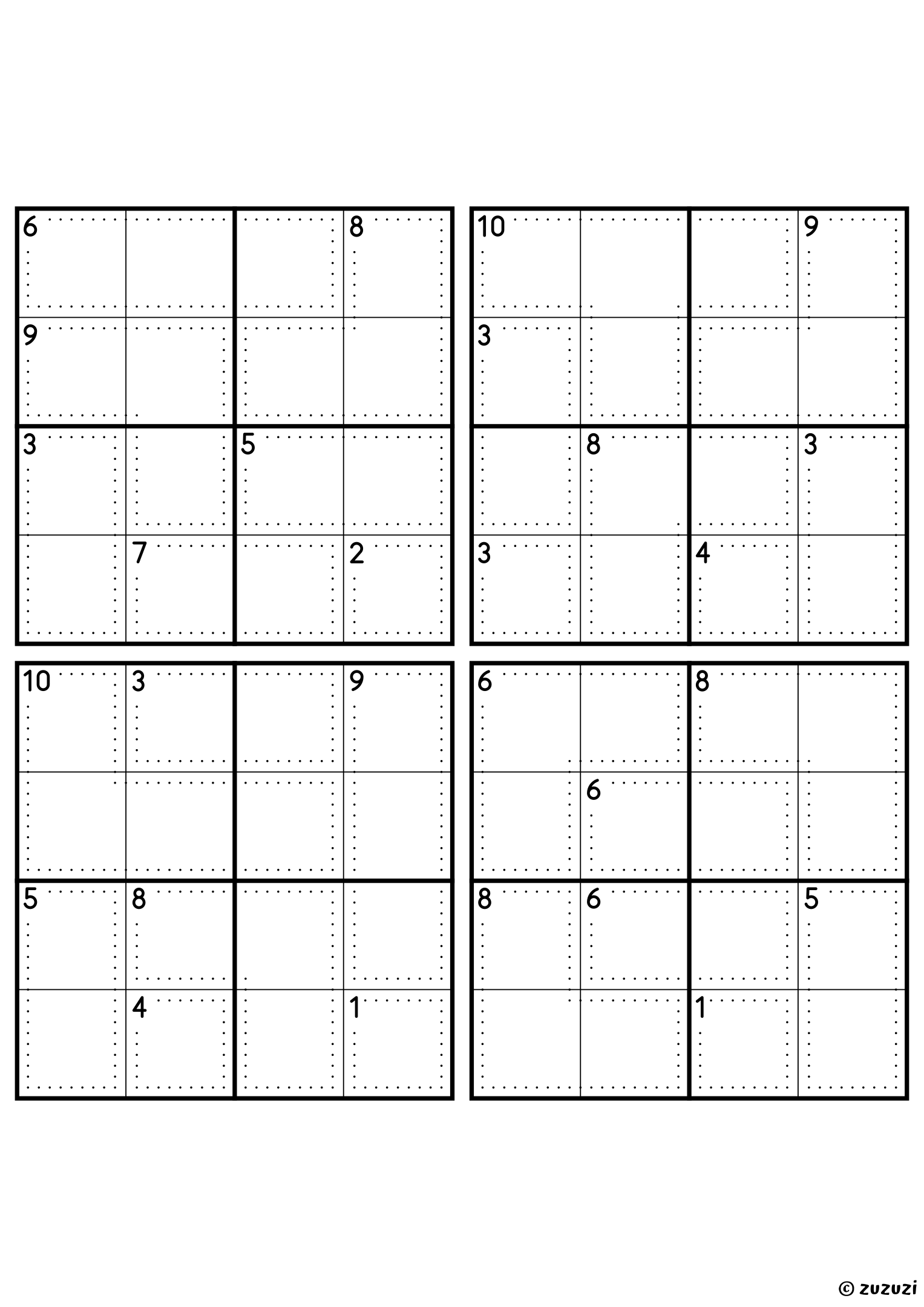 Four beginner-friendly 4x4 killer sudoku grids with no given numbers, only dotted cages and their sums. Digits 1 to 4, 4 puzzles per page. Variant 3.