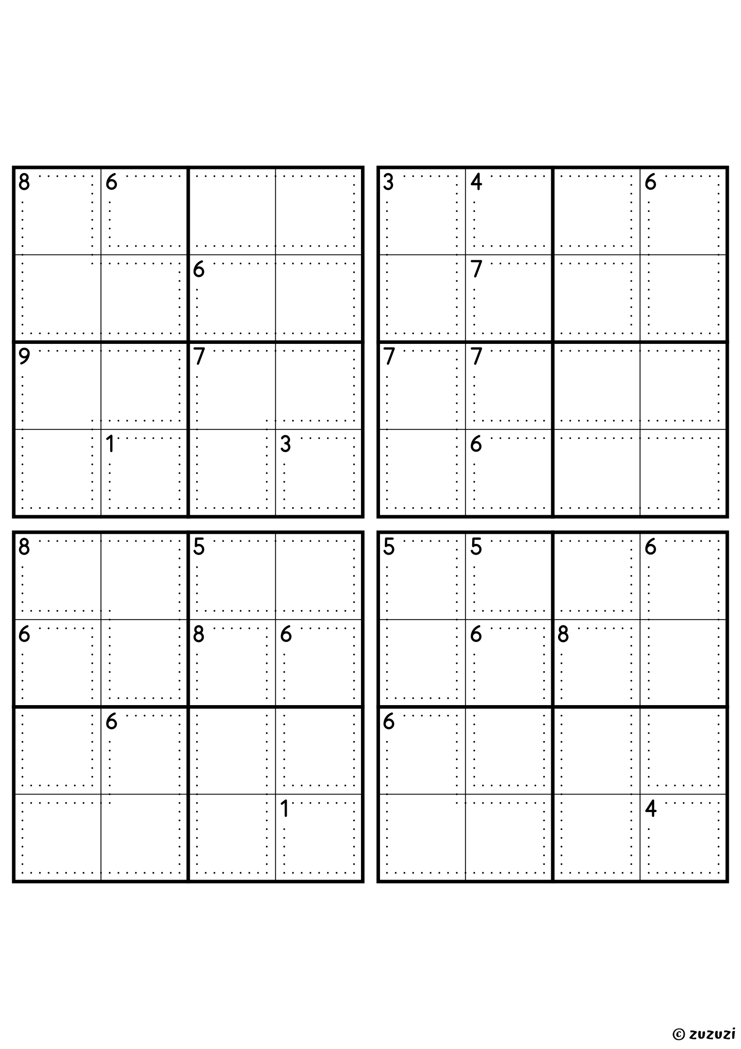Four beginner-friendly 4x4 killer sudoku grids with no given numbers, only dotted cages and their sums. Digits 1 to 4, 4 puzzles per page. Variant 4.