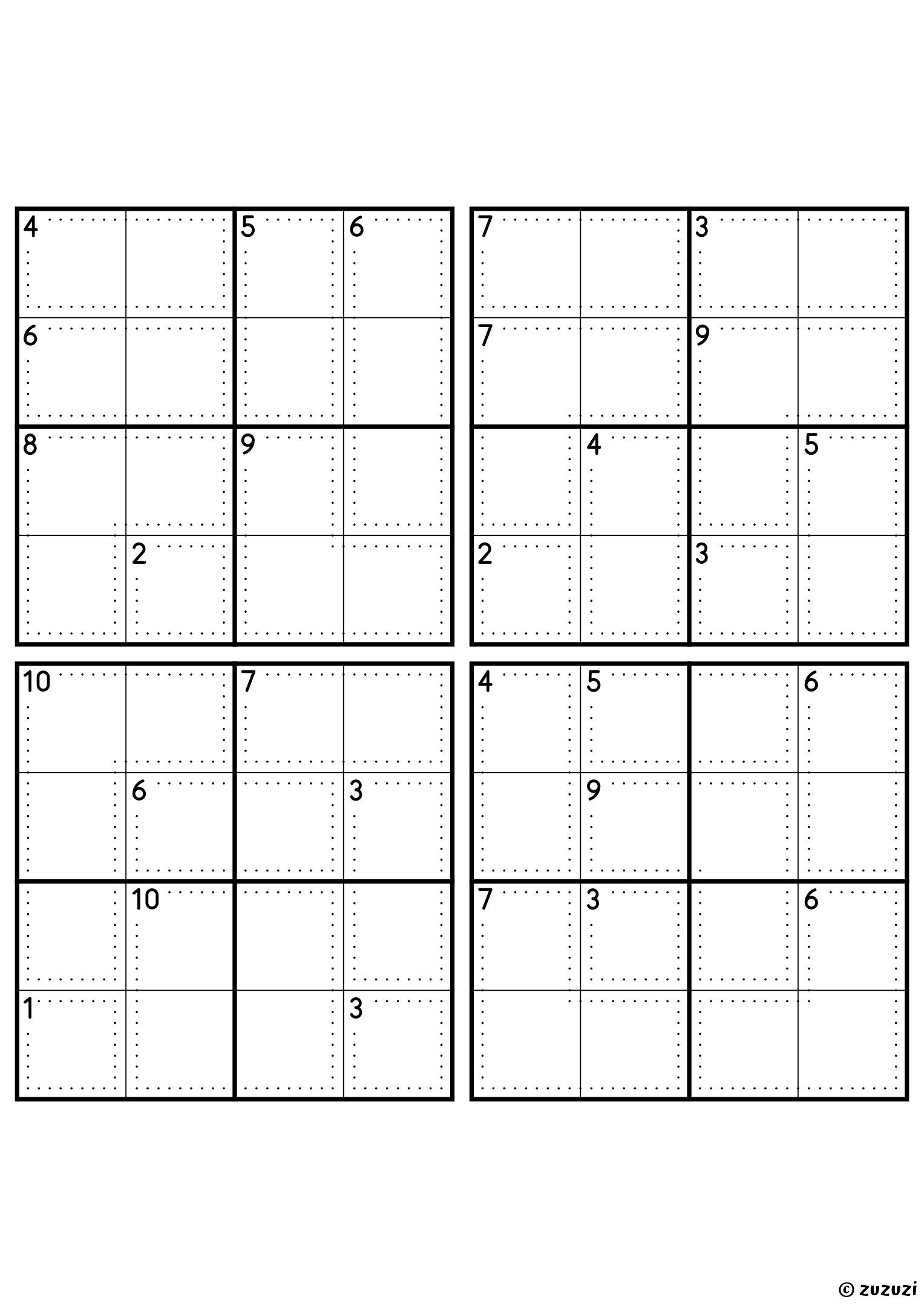 Four beginner-friendly 4x4 killer sudoku grids with no given numbers, only dotted cages and their sums. Digits 1 to 4, 4 puzzles per page. Variant 5.