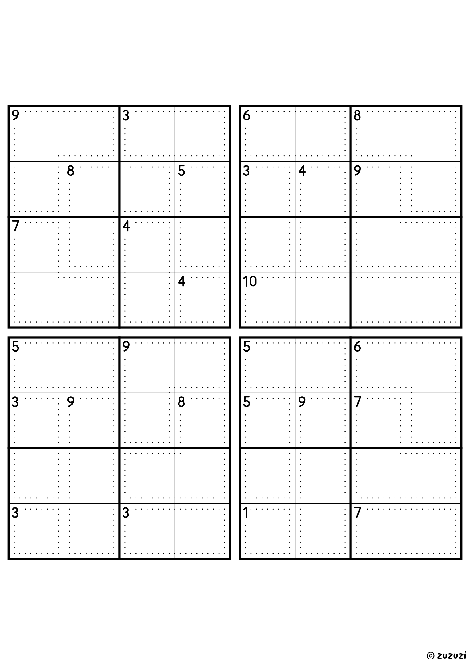 Four beginner-friendly 4x4 killer sudoku grids with no given numbers, only dotted cages and their sums. Digits 1 to 4, 4 puzzles per page. Variant 6.