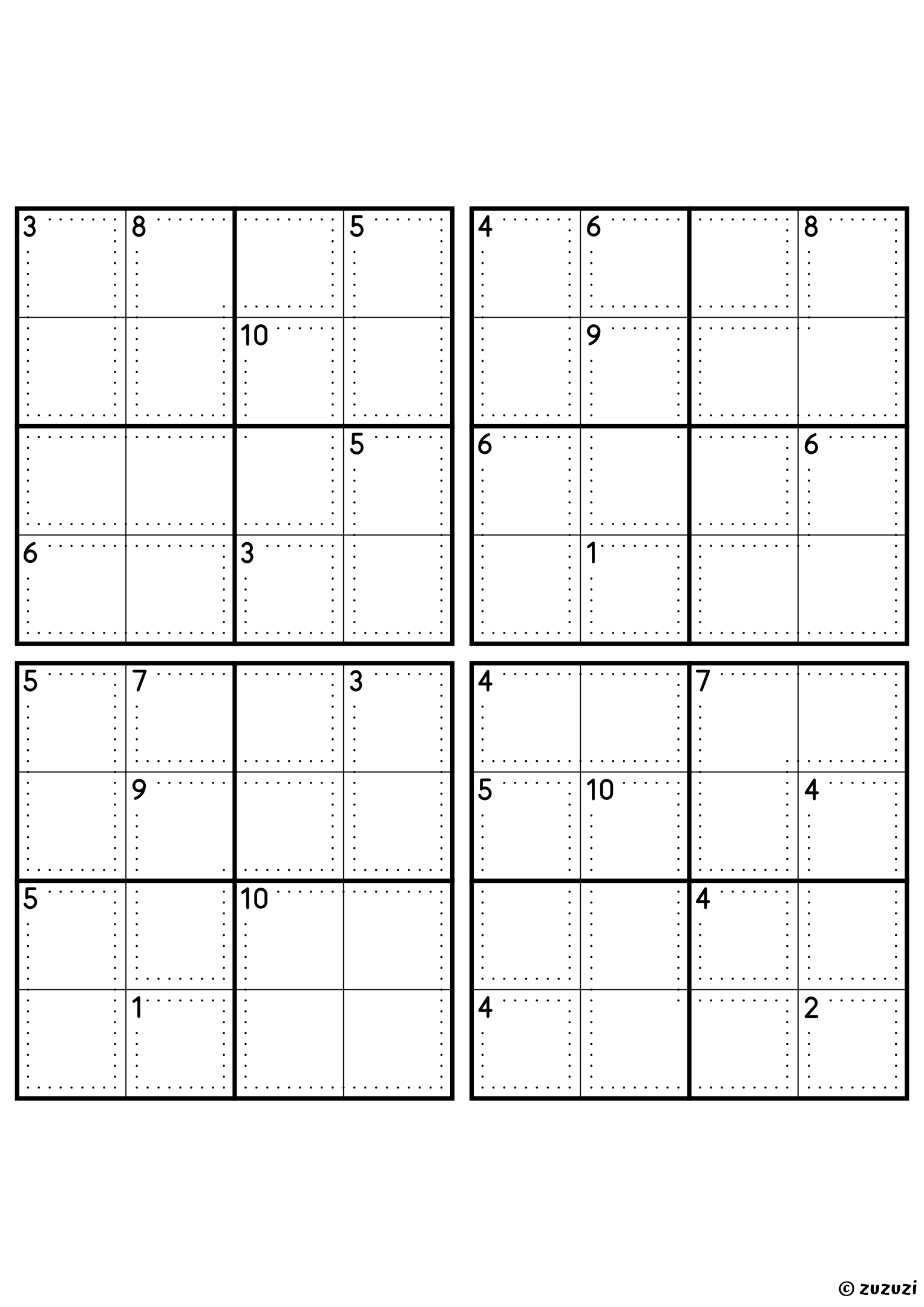 Four beginner-friendly 4x4 killer sudoku grids with no given numbers, only dotted cages and their sums. Digits 1 to 4, 4 puzzles per page. Variant 7.